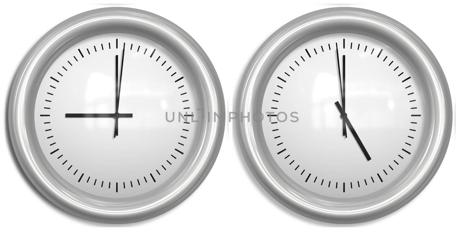 two clocks showing nine to five office hours