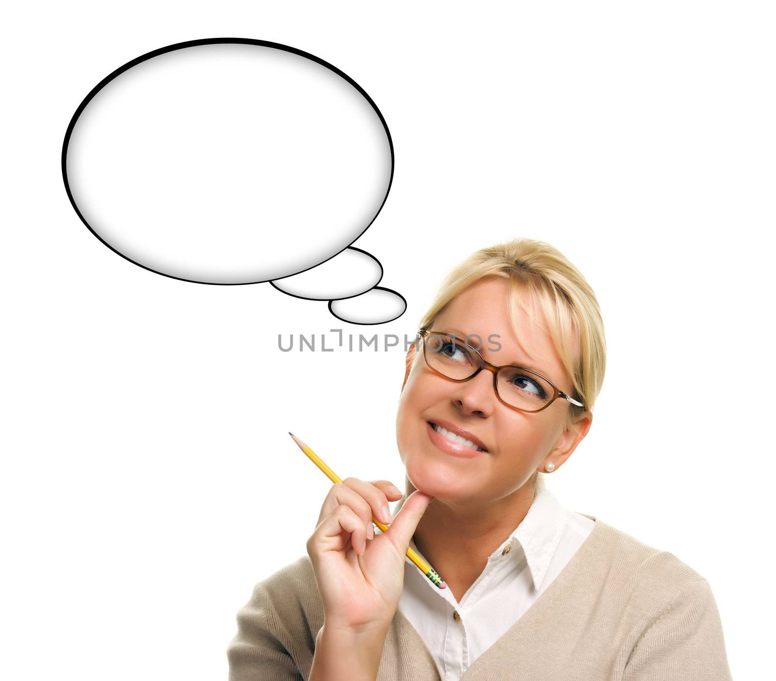 Beautiful Woman and Blank Thought Bubbles with Clipping Path by Feverpitched