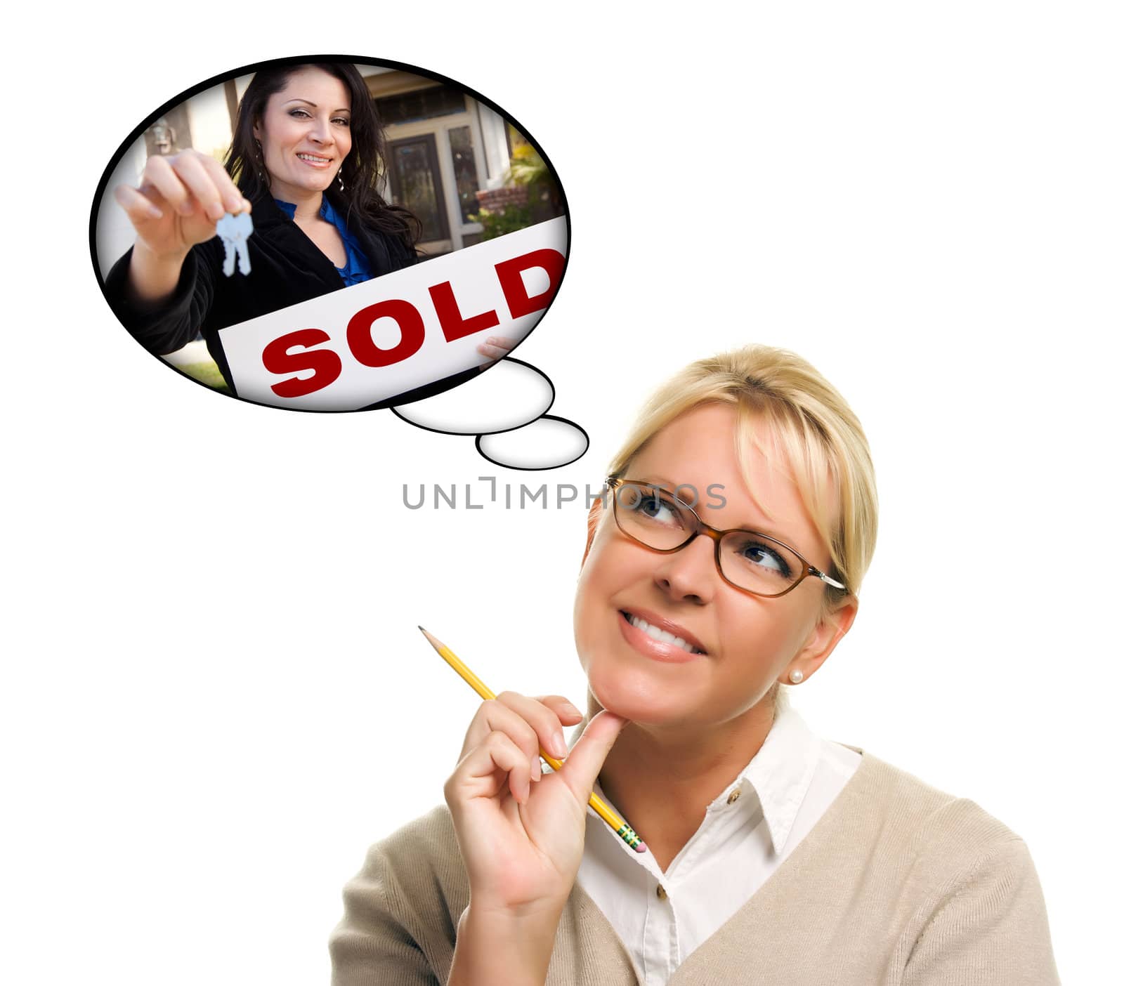 Woman with Thought Bubbles of Agent Handing Over New Keys by Feverpitched