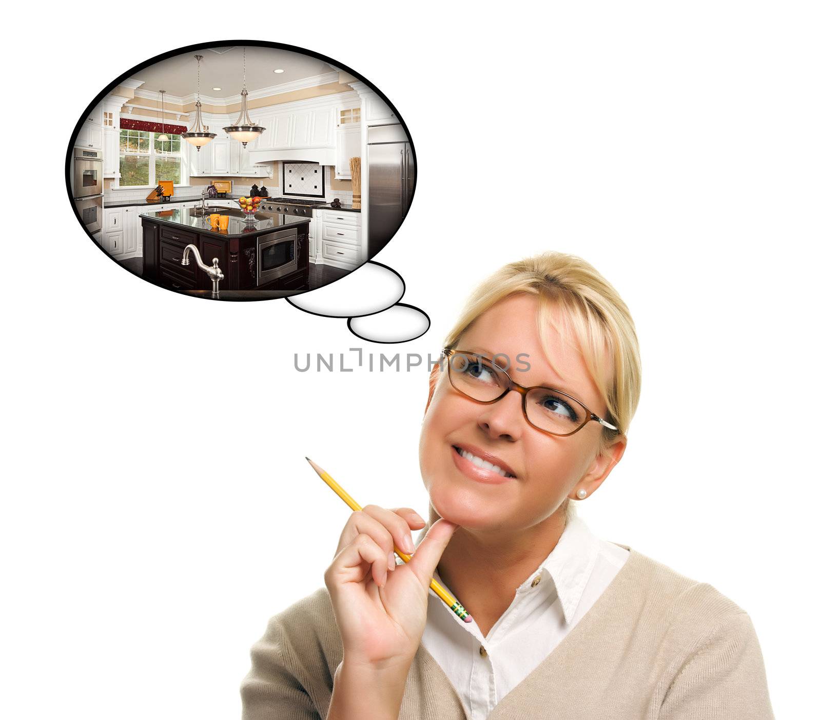 Woman with Thought Bubbles of a New Kitchen Design Isolated on a White Background.