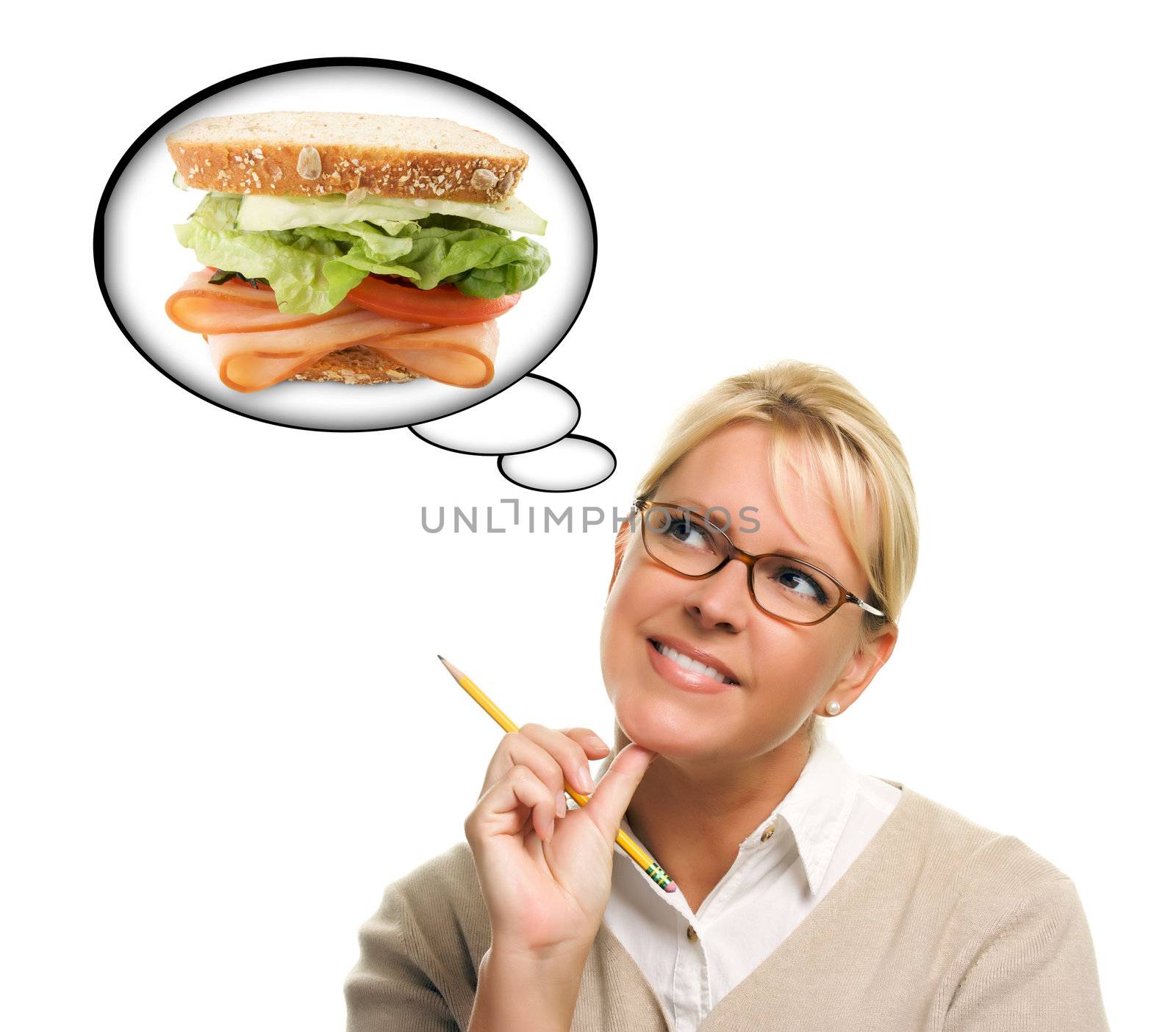 Hungry Woman with Thought Bubbles of Big, Fresh Sandwich by Feverpitched