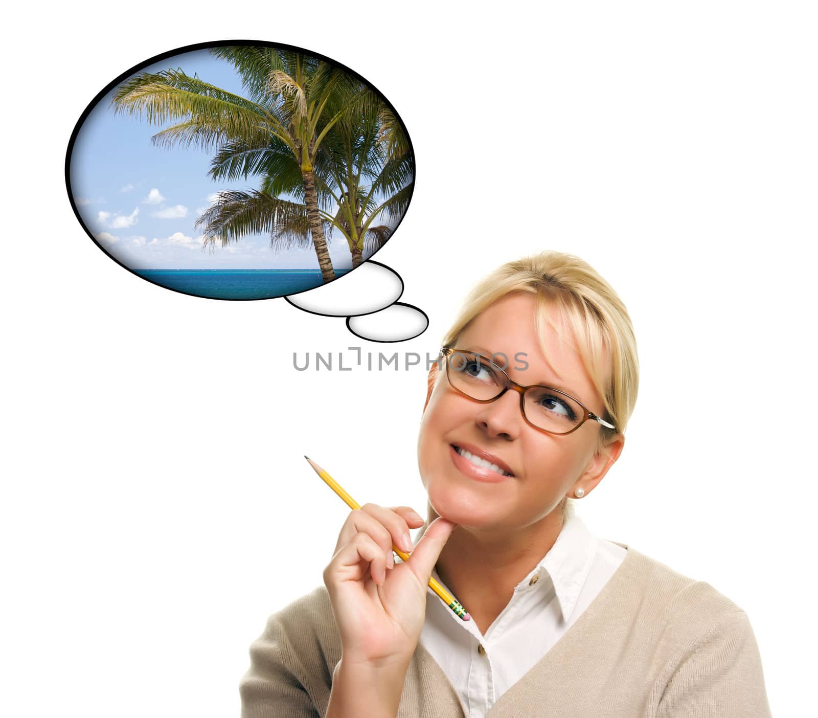 Beautiful Woman with Thought Bubbles of a Tropical Place Isolated on a White Background.