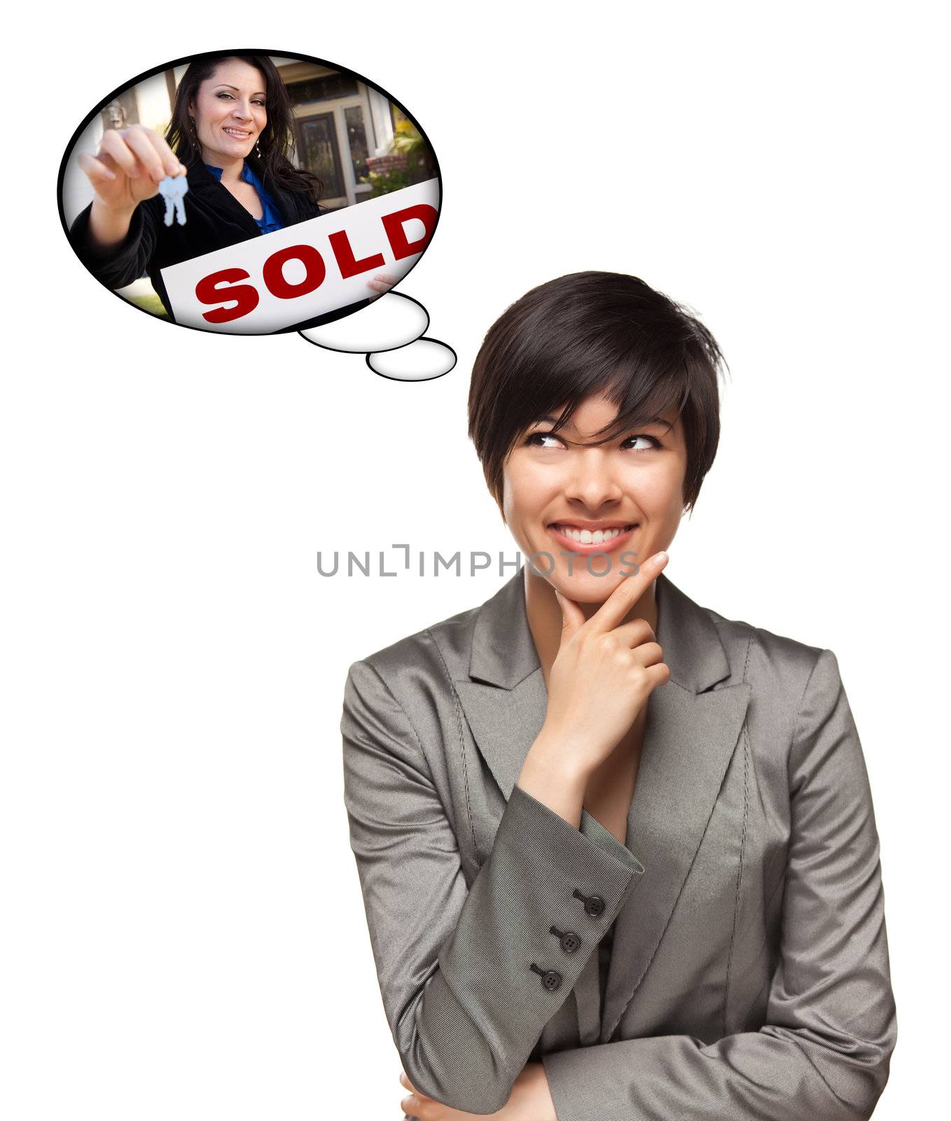 Multiethnic Woman with Thought Bubbles of Agent Handing Over Key by Feverpitched