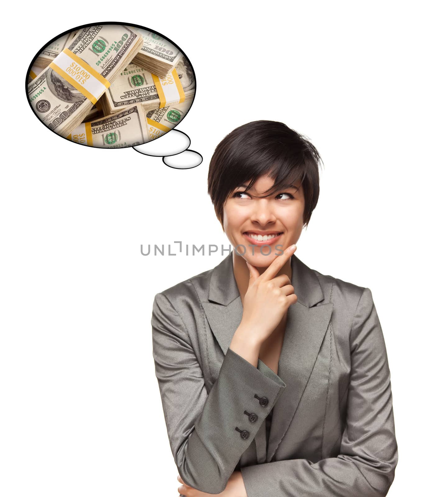 Beautiful Multiethnic Woman with Thought Bubbles of Money Stacks by Feverpitched