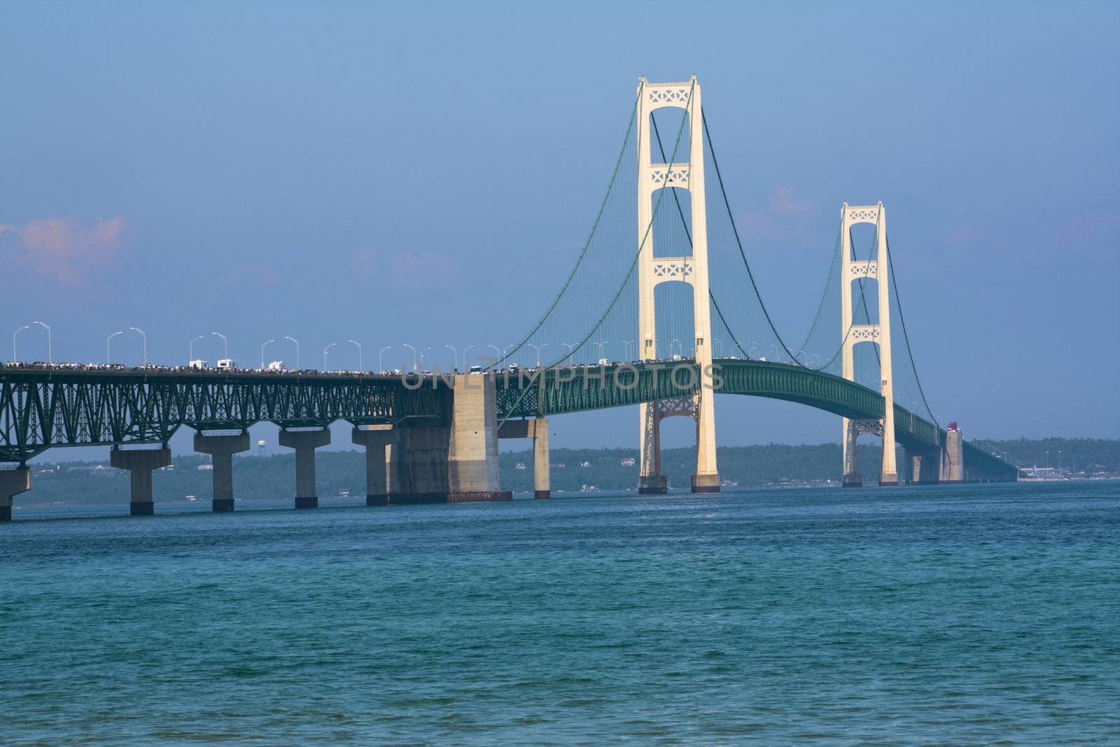 Walking Mackinac Bridge - Michigan, USA. Bridge open for walkers -  Labor Day.