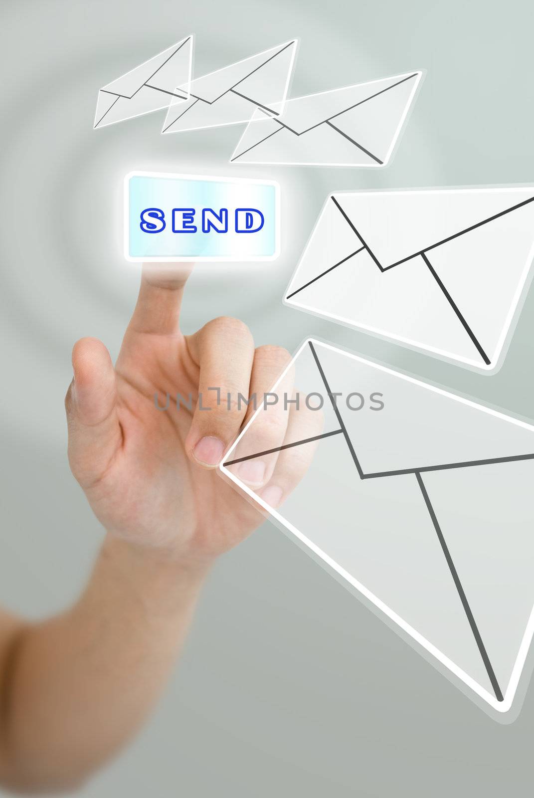 Hand pushing the send button for send the mail, Email concept