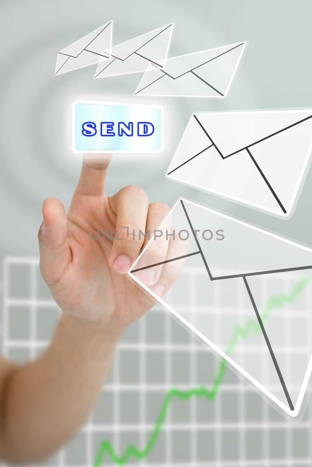 Hand pushing the send button for send the news of stock market by pixbox77