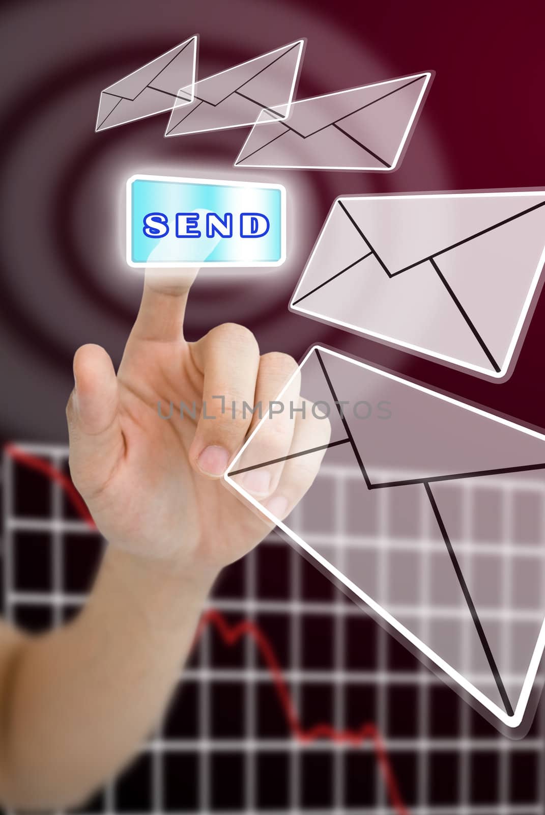 Hand pushing the send button for send the new of crisis  by pixbox77