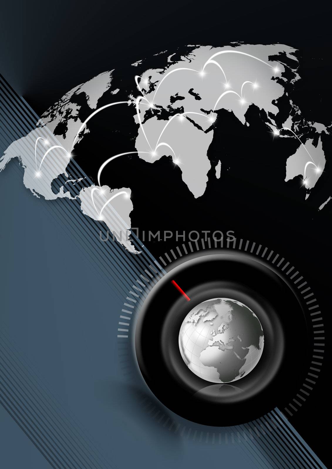 Blue background with map globe and timer, global connection