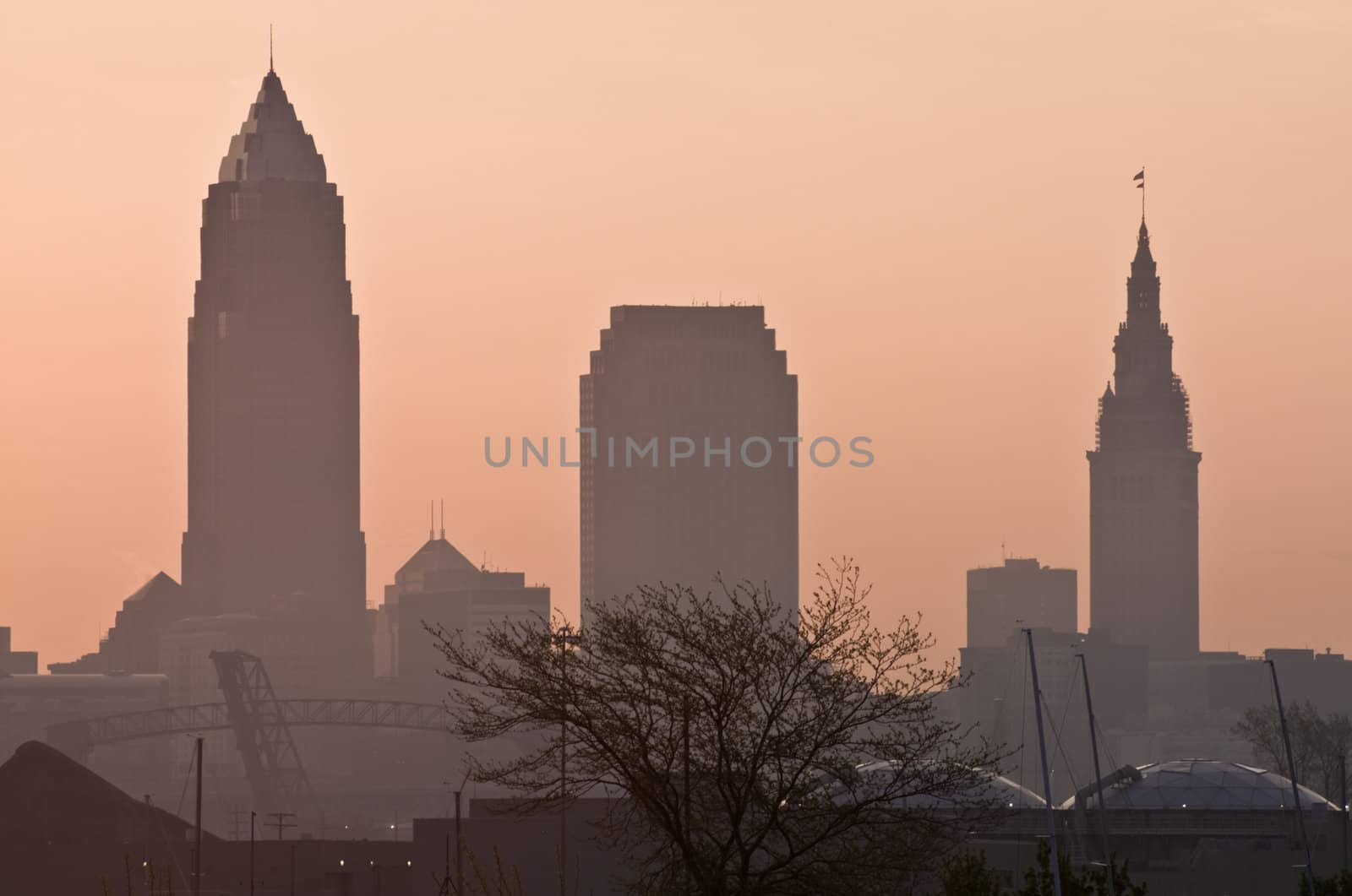 Silhouette of Downtown Cleveland - seen early morning.