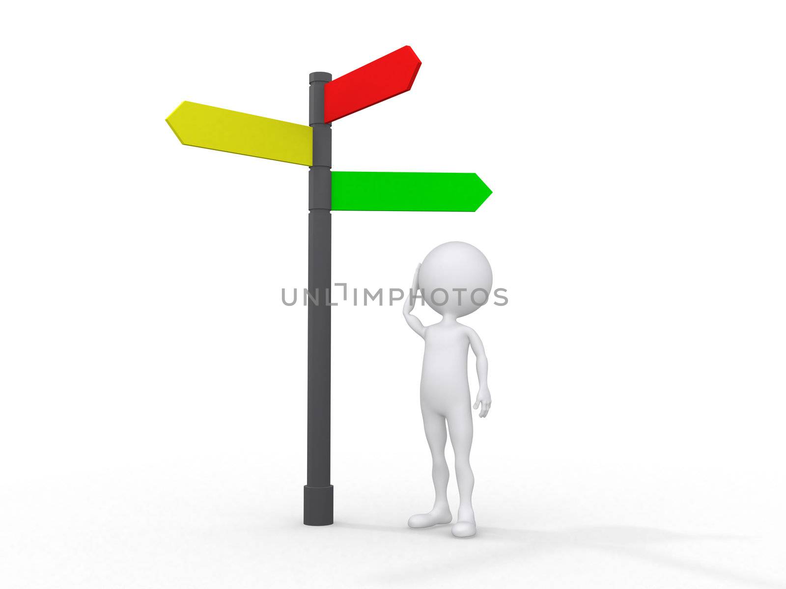 3d people icon surrounded by directional signs, this is a 3d render illustration