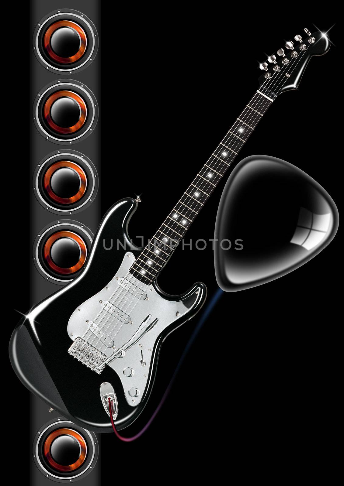 Electric guitar on black background with woofer and plectrum
