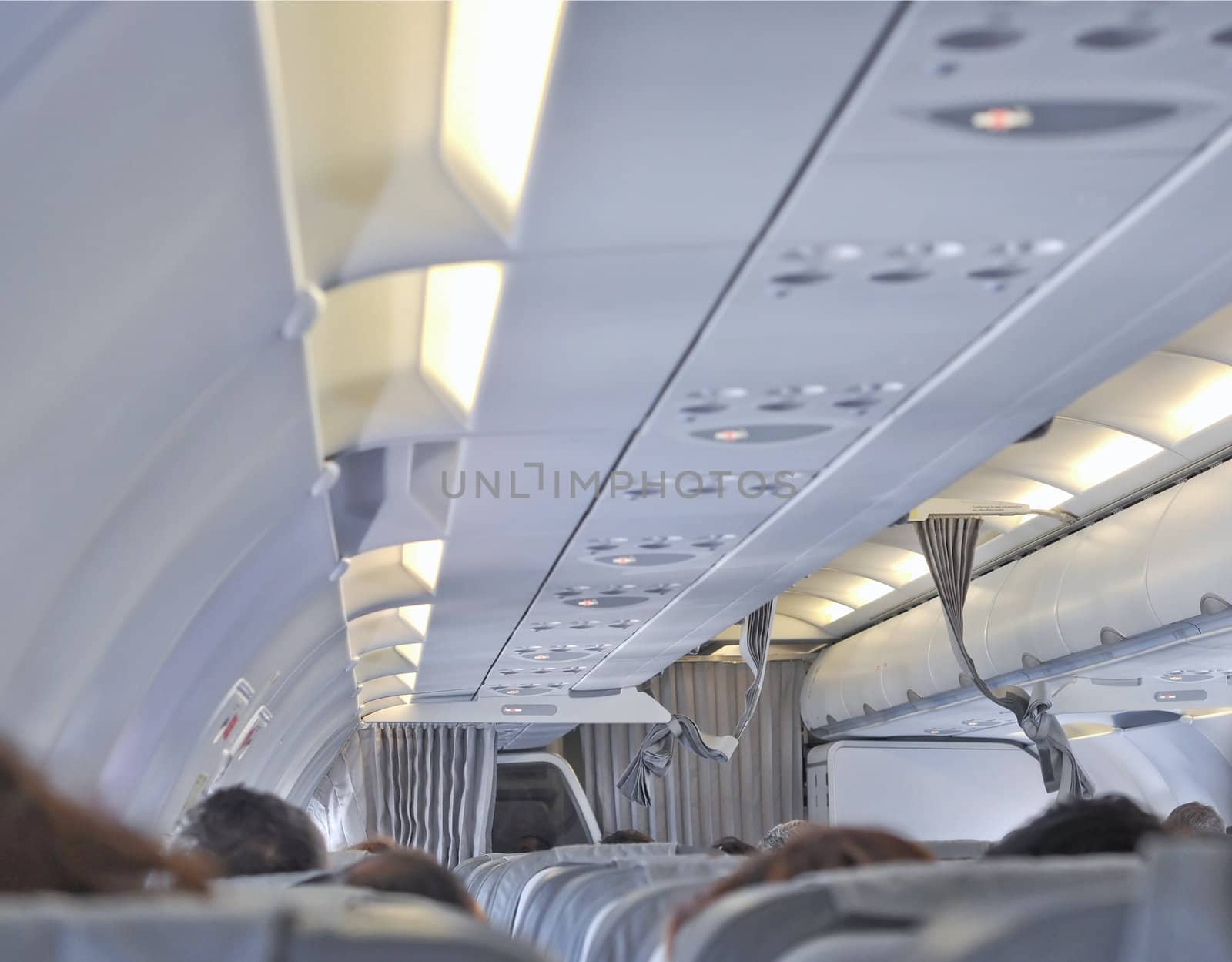 Interior view of a flying plane for passengers transportation