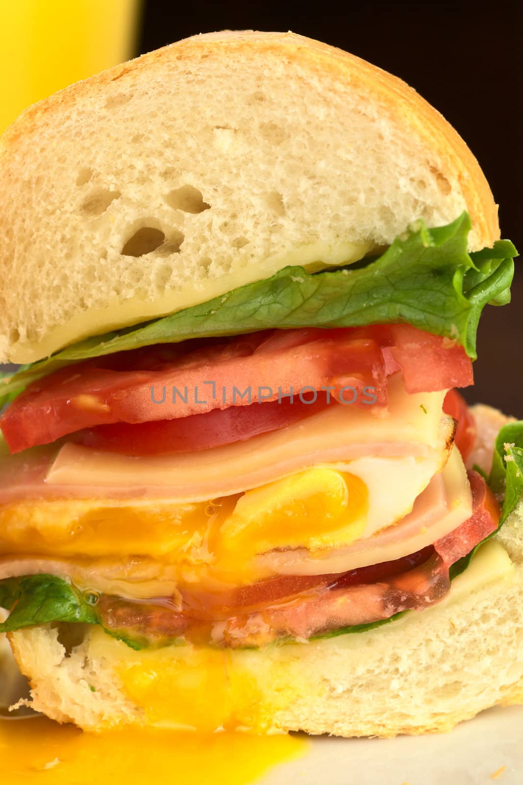 Sandwich with lettuce, tomato, cheese, ham and fried egg cut in half (Selective Focus, Focus on the egg yolk) 