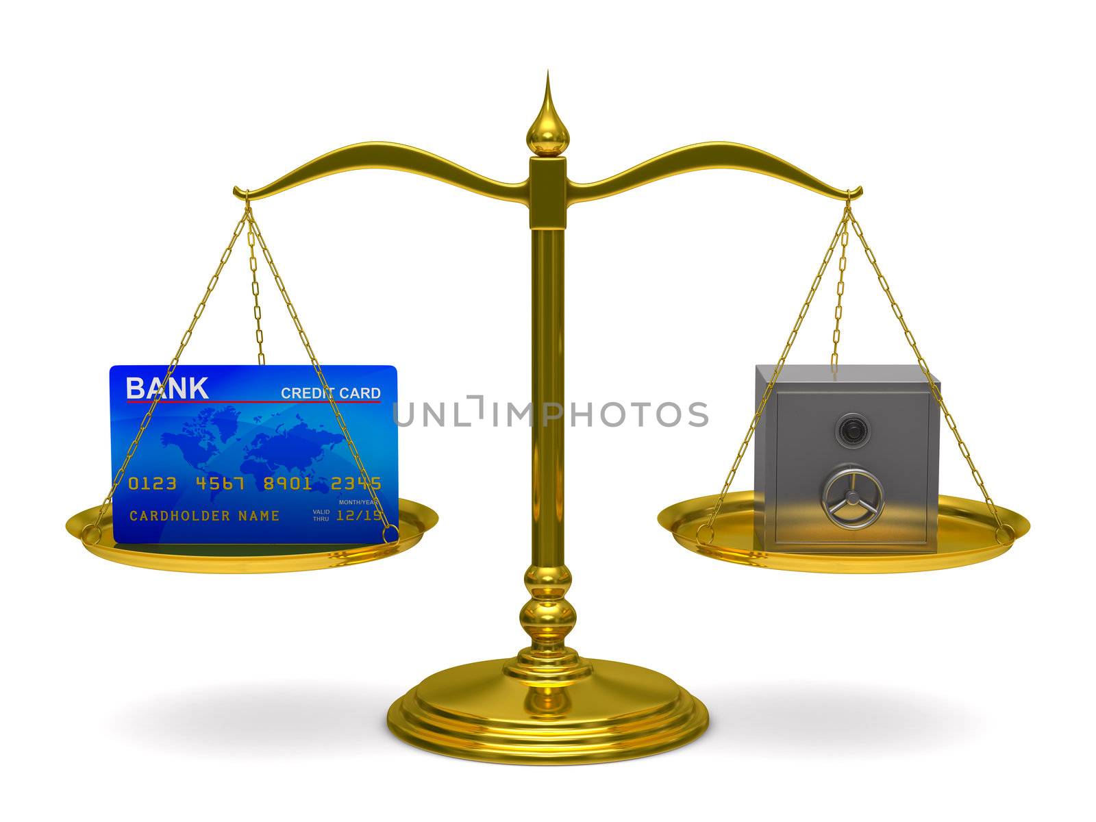 credit card and safe on scales. Isolated 3D image