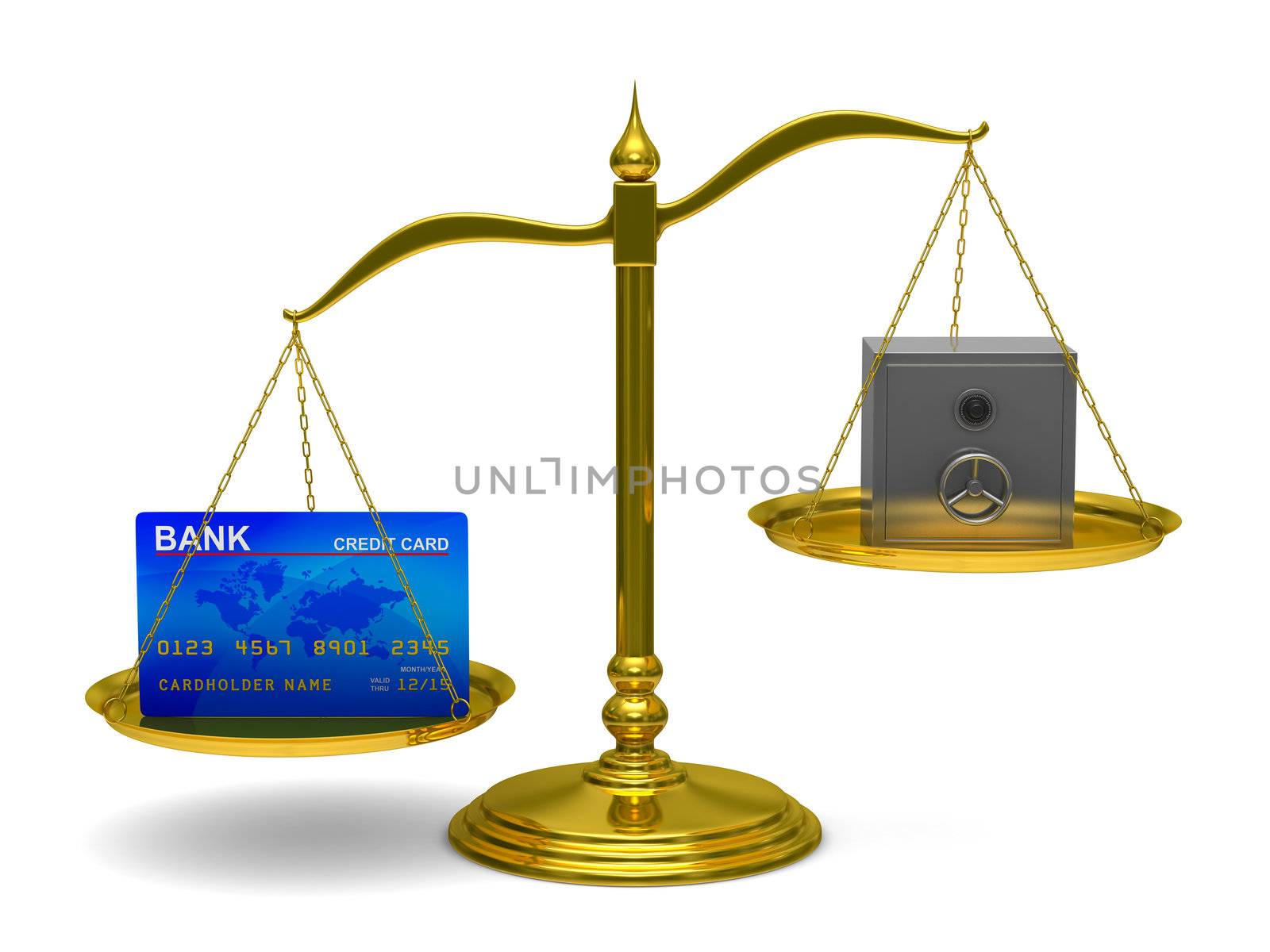 credit card and safe on scales. Isolated 3D image