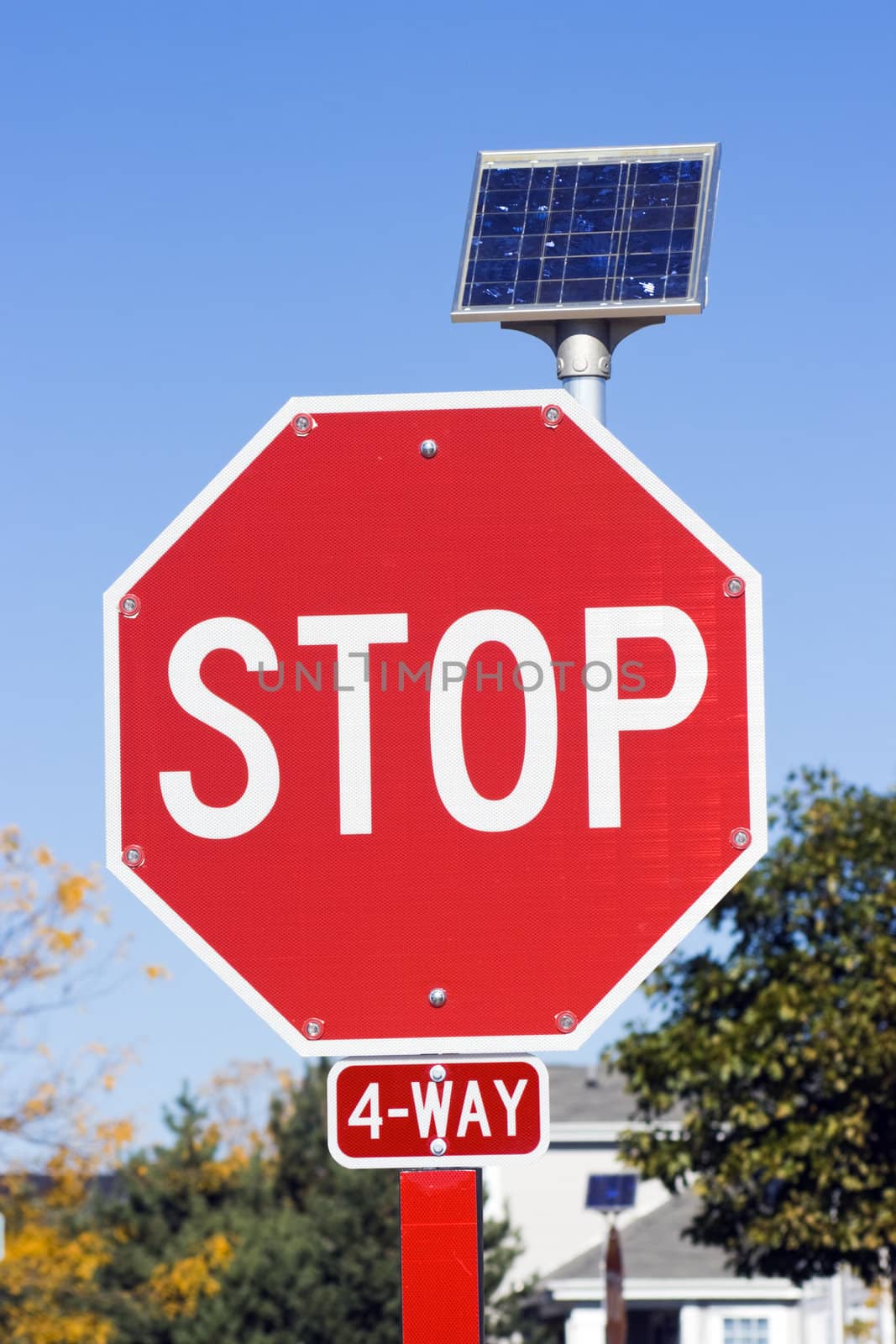 STOP sign powered by a solar battery.
USA.
