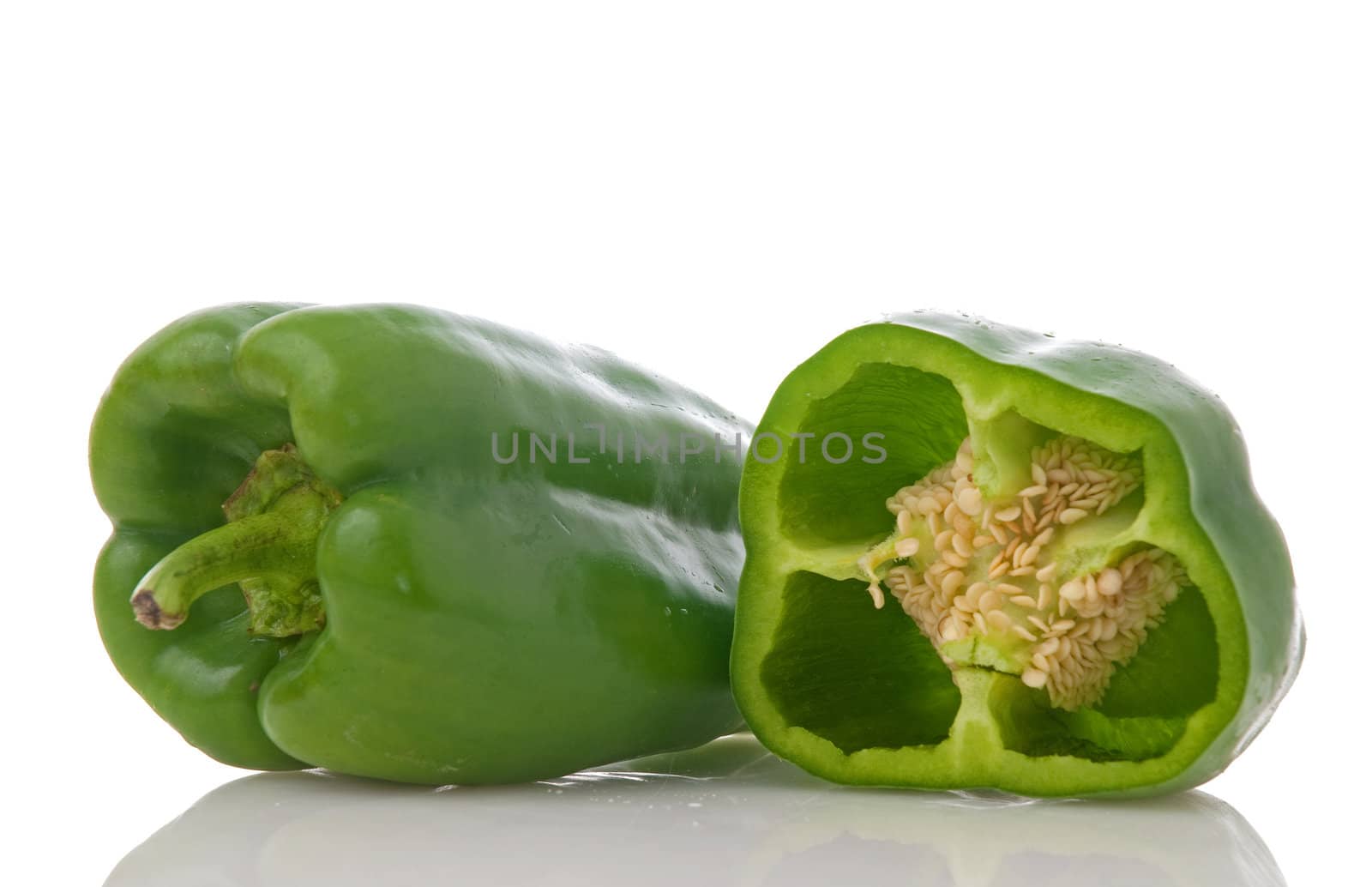 Green pepper on white background close up isolated on white background.