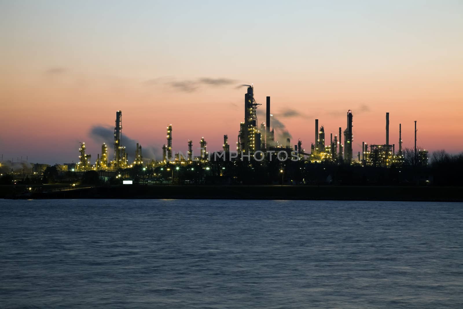 Refinery in Canada seen across the border river from Port Huron, Michigan, USA.