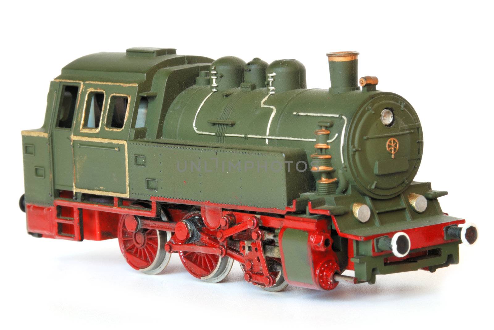 vintage green model railway isolated on white background
