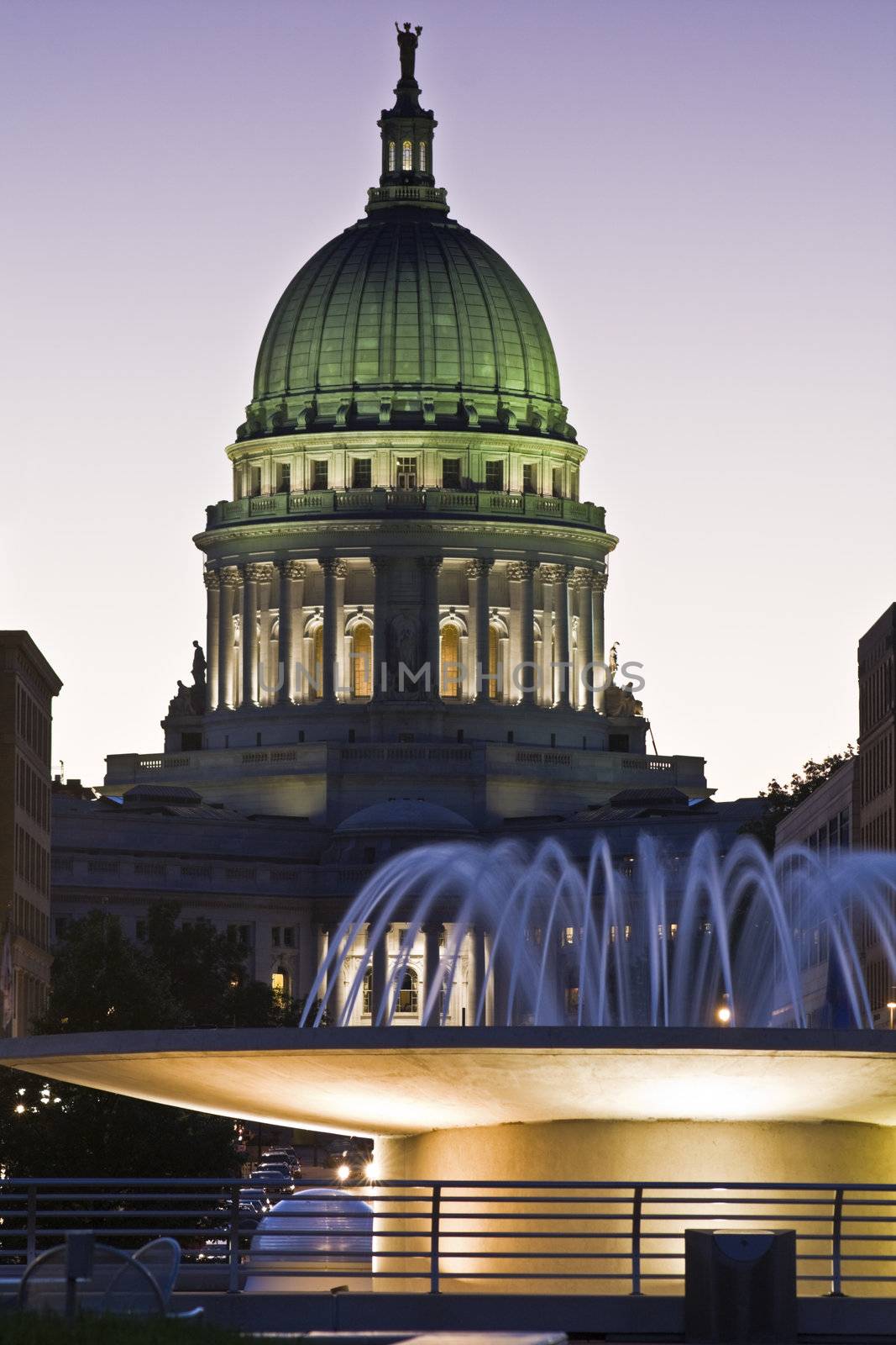 State Capitol of Wisconsin and the fountain.