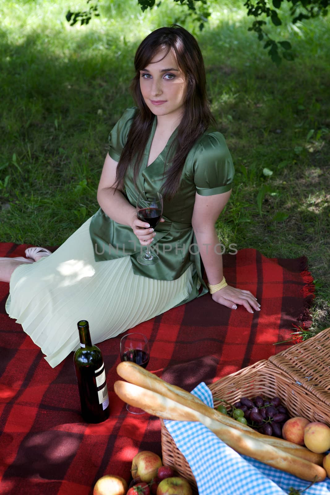 Elevated view of young woman holding wineglass, sitting in park