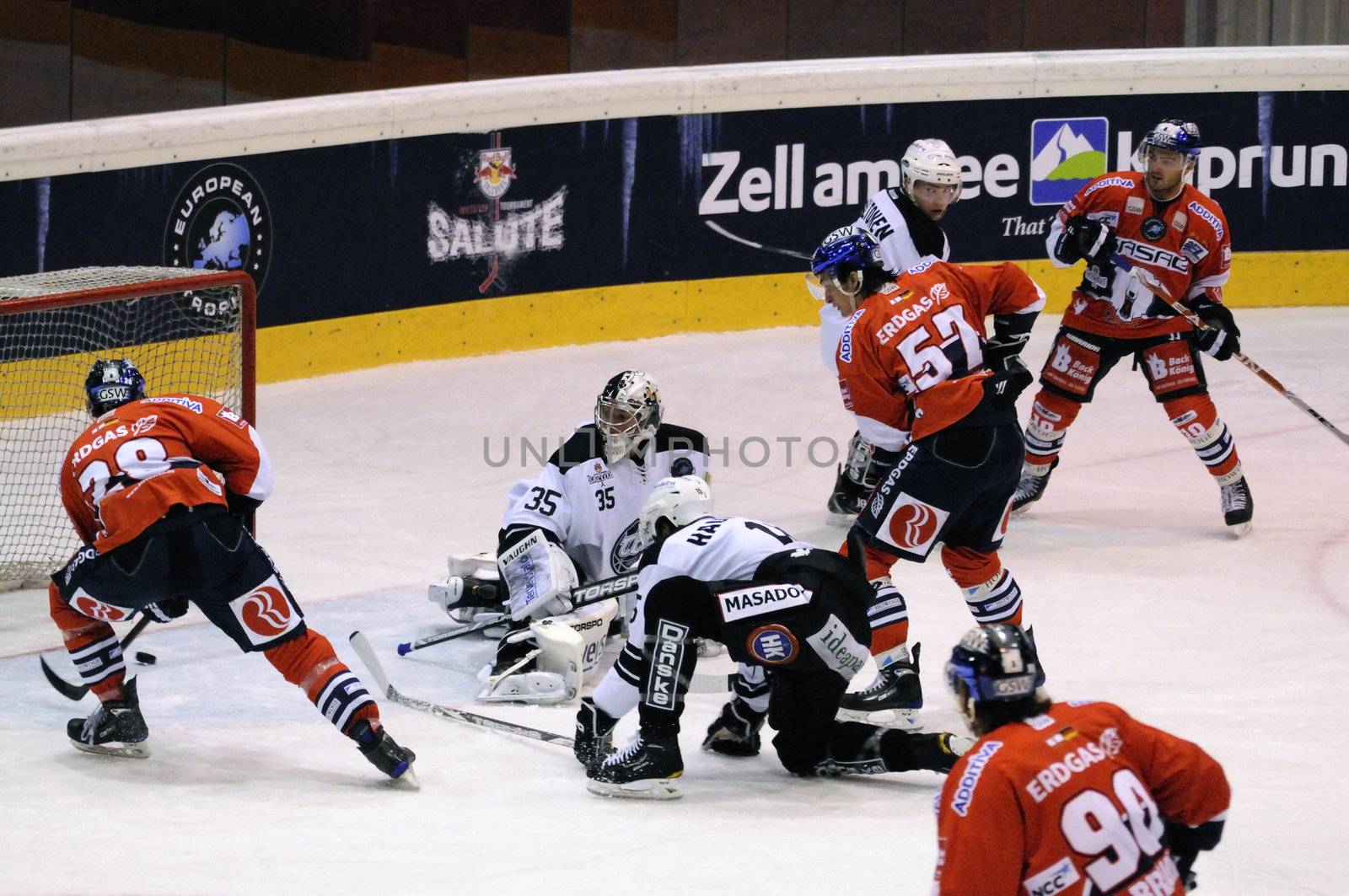 ZELL AM SEE; AUSTRIA - SEPTEMBER 3: Red Bull Salute Tournament. Scoring chance for Berlin in the second period.  Game between TPS Turku and Eisbaeren Berlin  (Result 1-4) on September 3, 2010, at the hockey rink of Zell am See