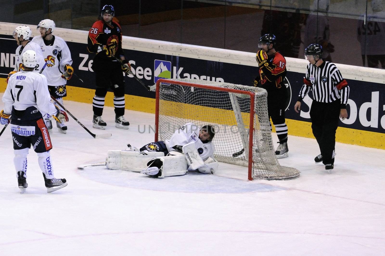 ZELL AM SEE, AUSTRIA - SEPTEMBER 3: Red Bulls Salute Tournament. Jokerit Goalie Mika Jaervinen injured. Game Jokerit Helsinki vs. SC Bern (Result 0-2) on September 3, 2010 in Zell am See