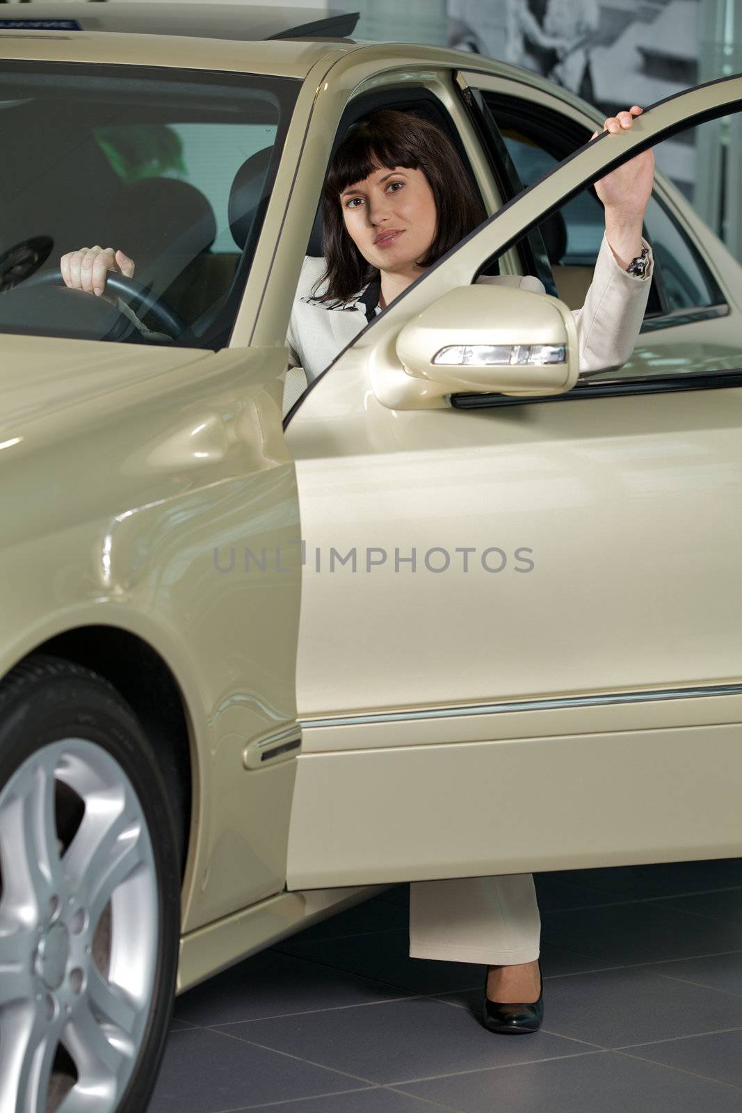 Young woman sitting in new car
