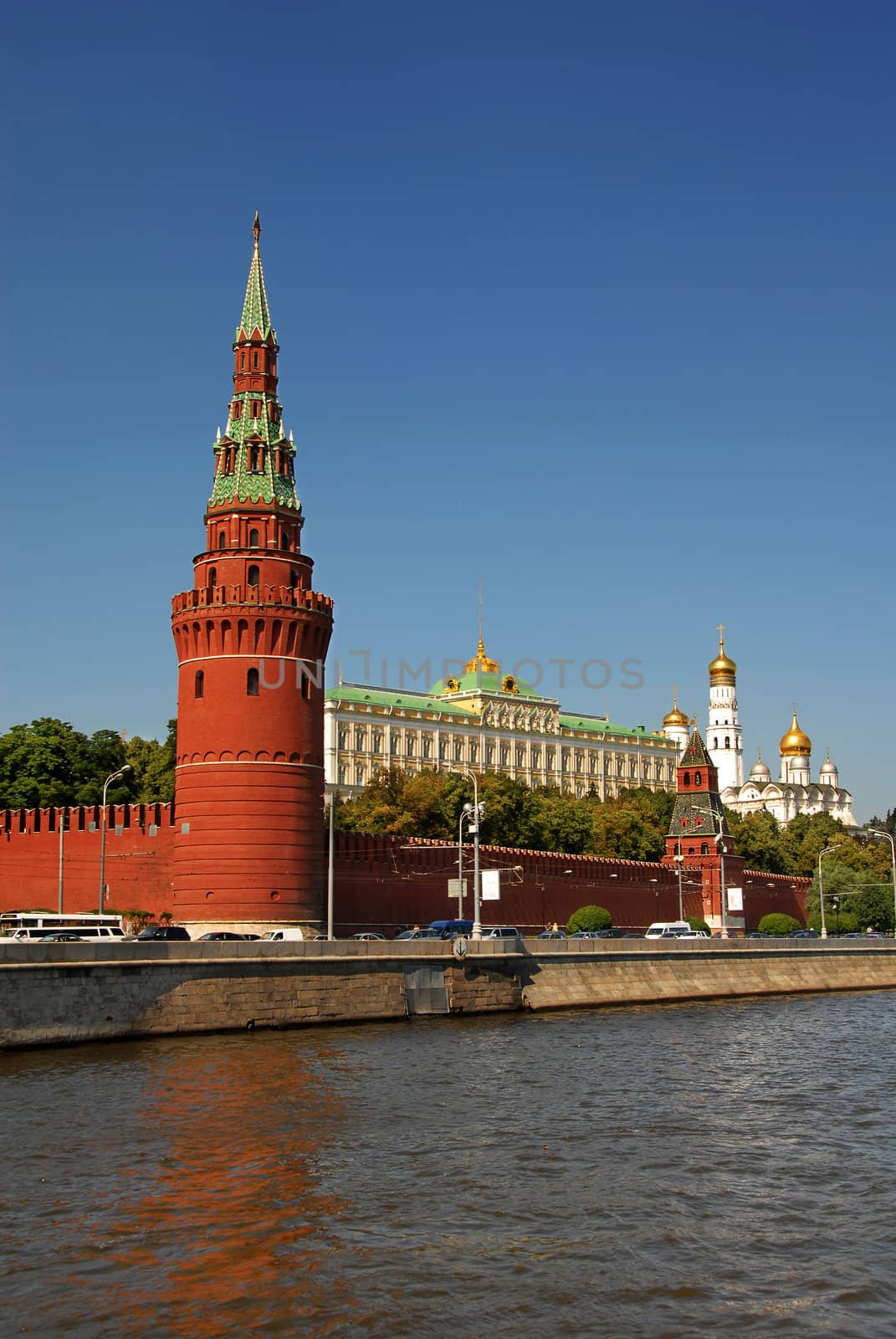The Water Pump (Vodovzvodnaya) Tower of Kremlin in Moscow, Russia, view from river
