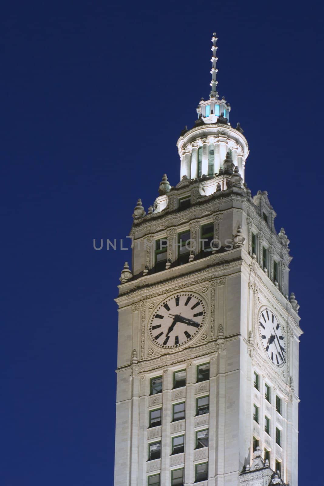 Wrigley Building in Chicago during blue hour.