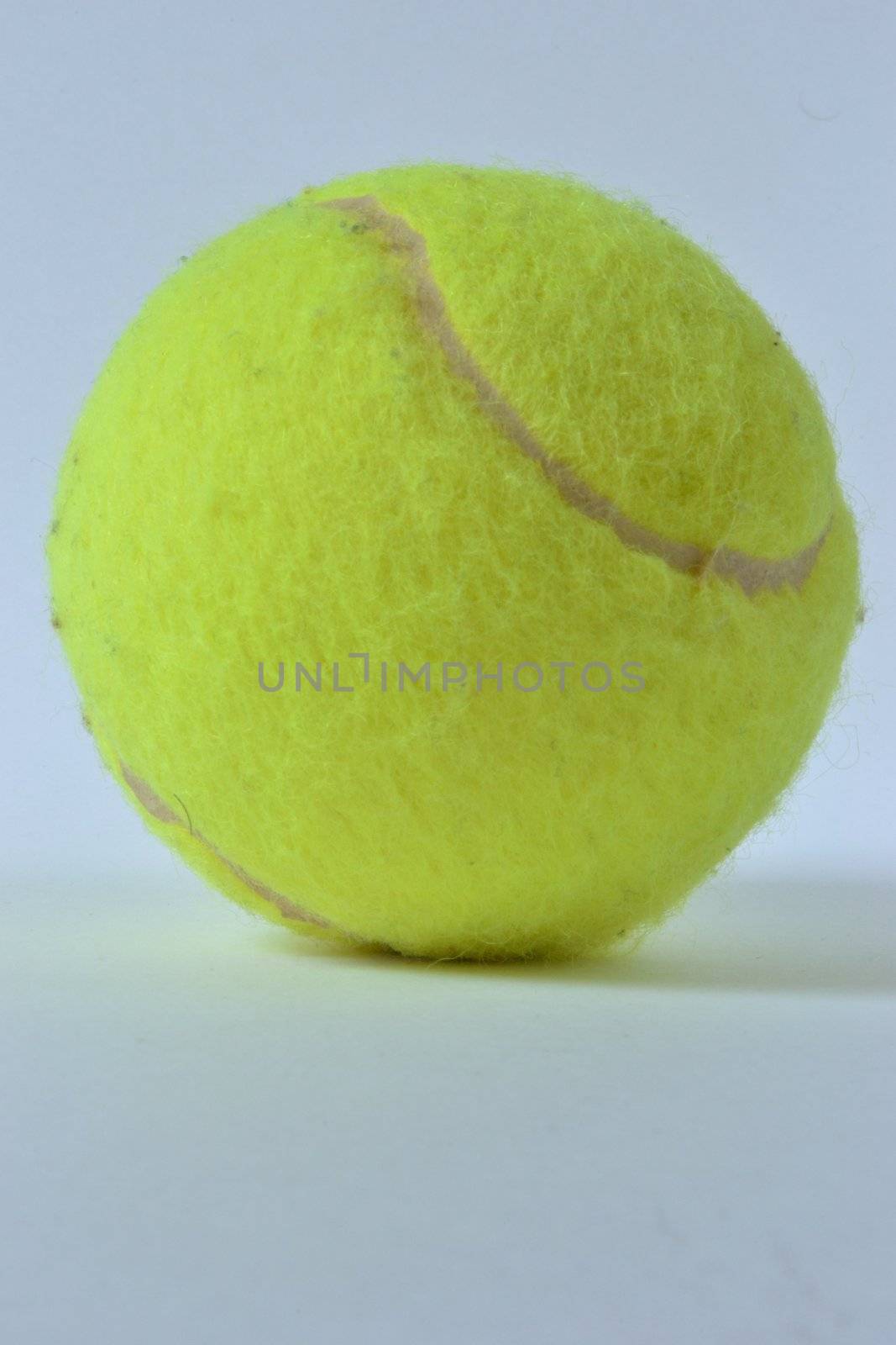Single yellow tennis ball over white background
