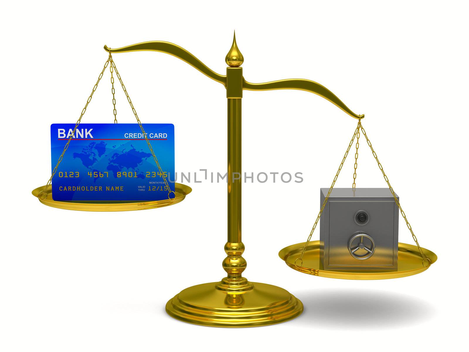 credit card and safe on scales. Isolated 3D image