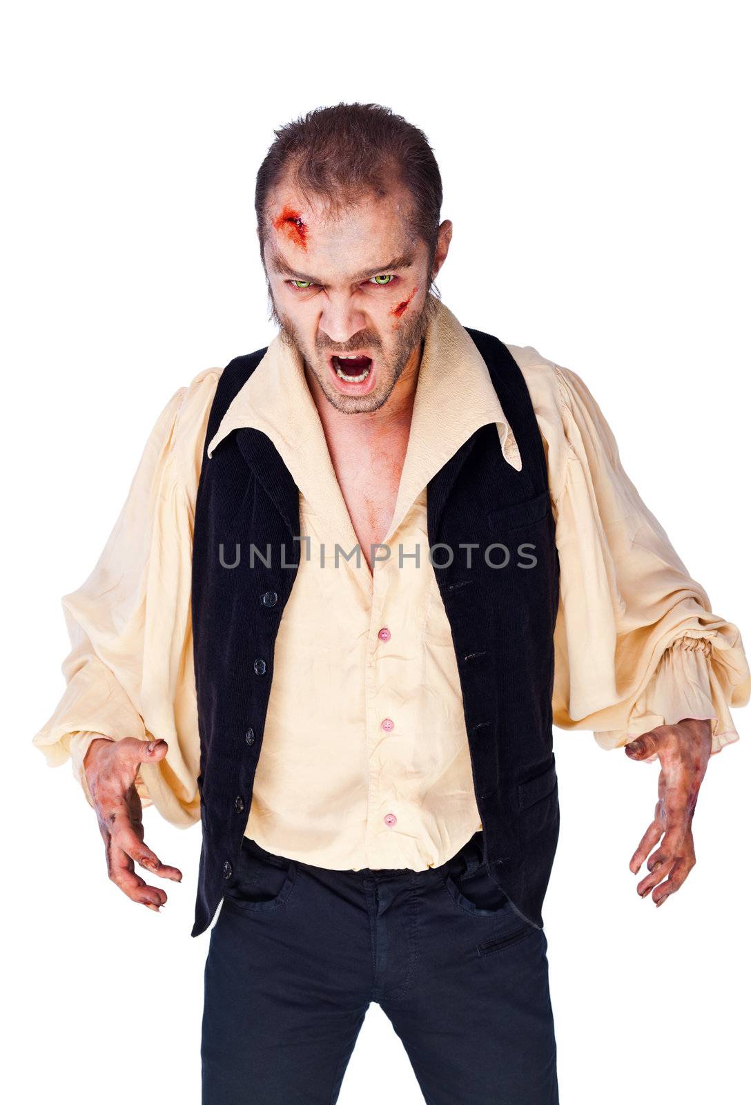 Male vampire with wounded face and hands looking angry, roaring, isolated on white