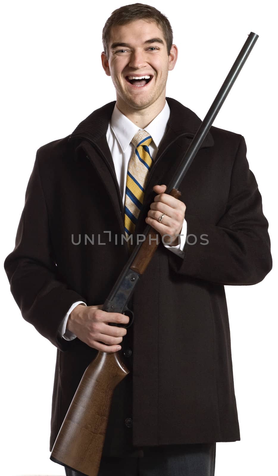 An unstable businessman clutching a shotgun.