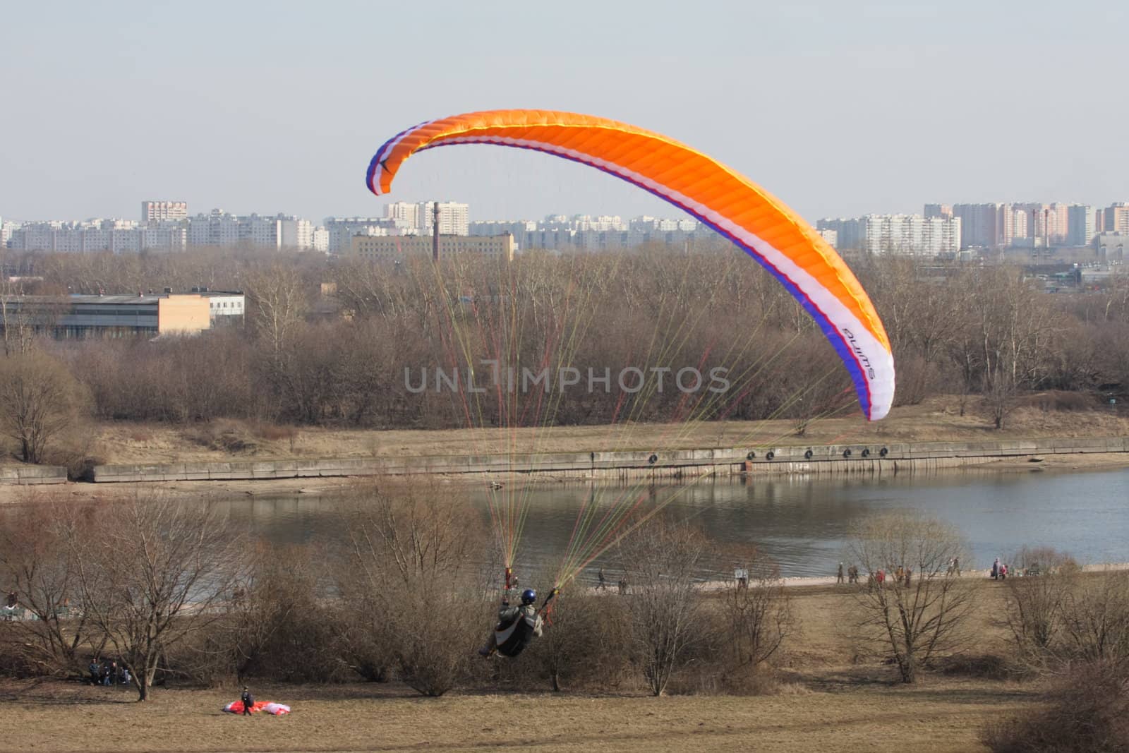 Parachute, the sky, air, slings, red, rest, a hobby, spring, a city, travel, the earth, houses, a landscape, sports
