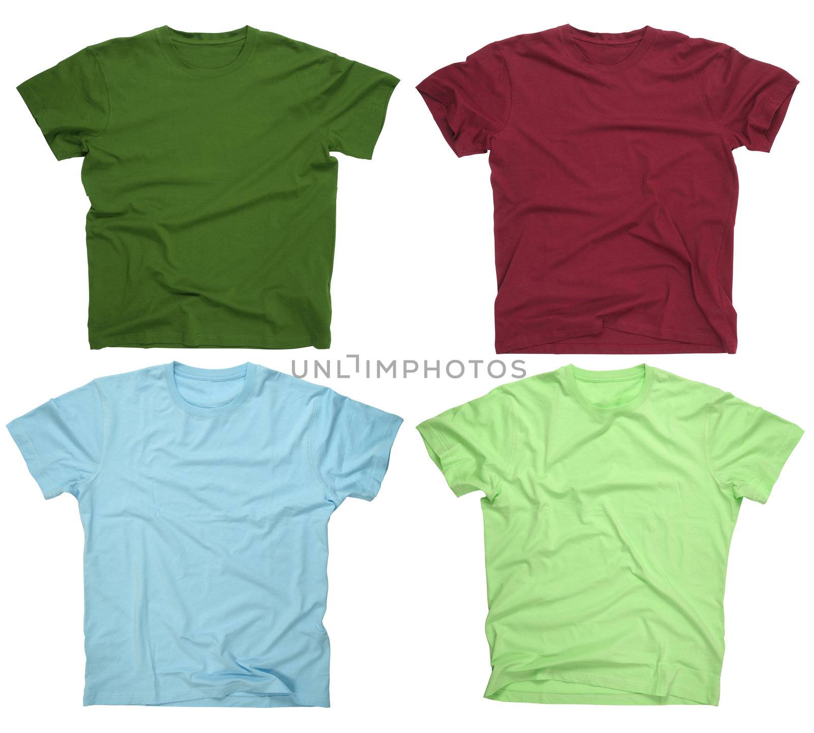Photograph of four blank t-shirts, burgundy, dark green, lime, and light blue.  Clipping path included.  Ready for your design or logo.
