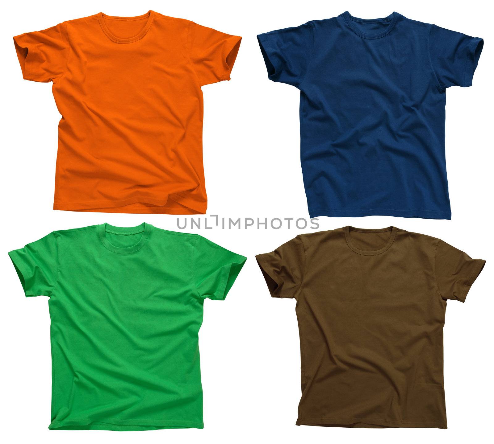 Photograph of four blank t-shirts, green, dark blue, brown, and orange.  Clipping path included.  Ready for your design or logo.
