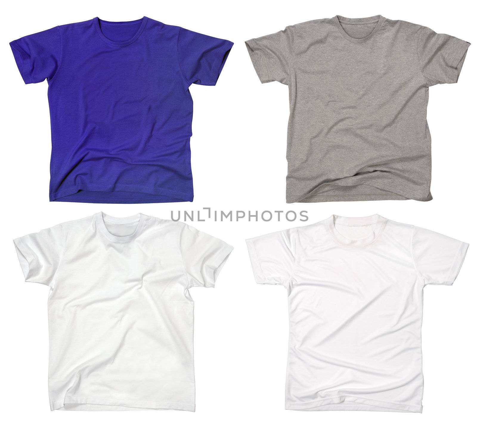 Photograph of four blank t-shirts, new and old, wrinkled and flat.  Clipping path included.  Ready for your design or logo.
