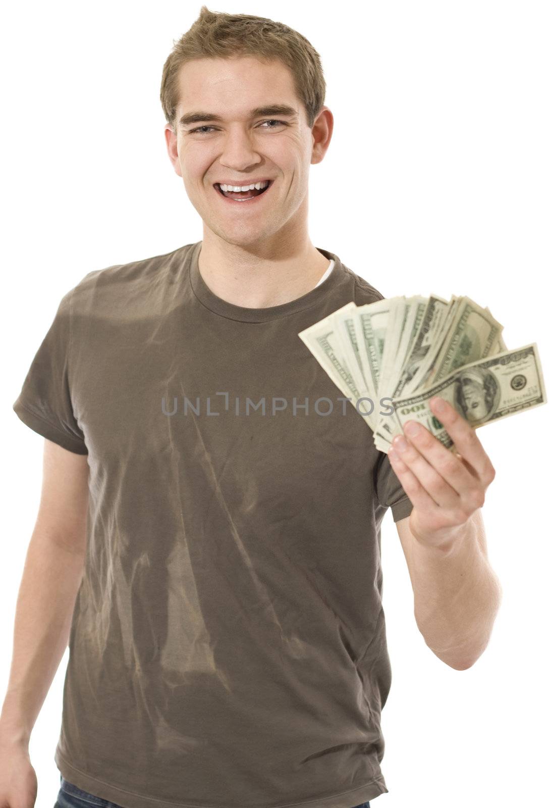 Happy guy holding cash.