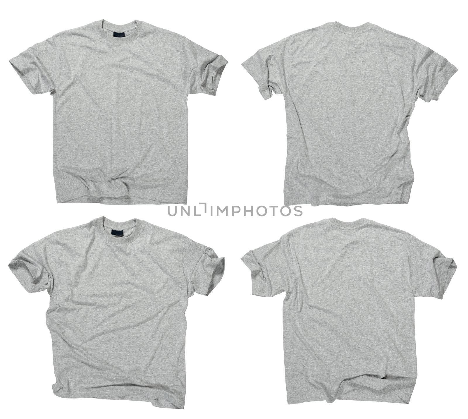 Photograph of two wrinkled blank grey t-shirts, fronts and backs.  Clipping path included.  Ready for your design or logo.
