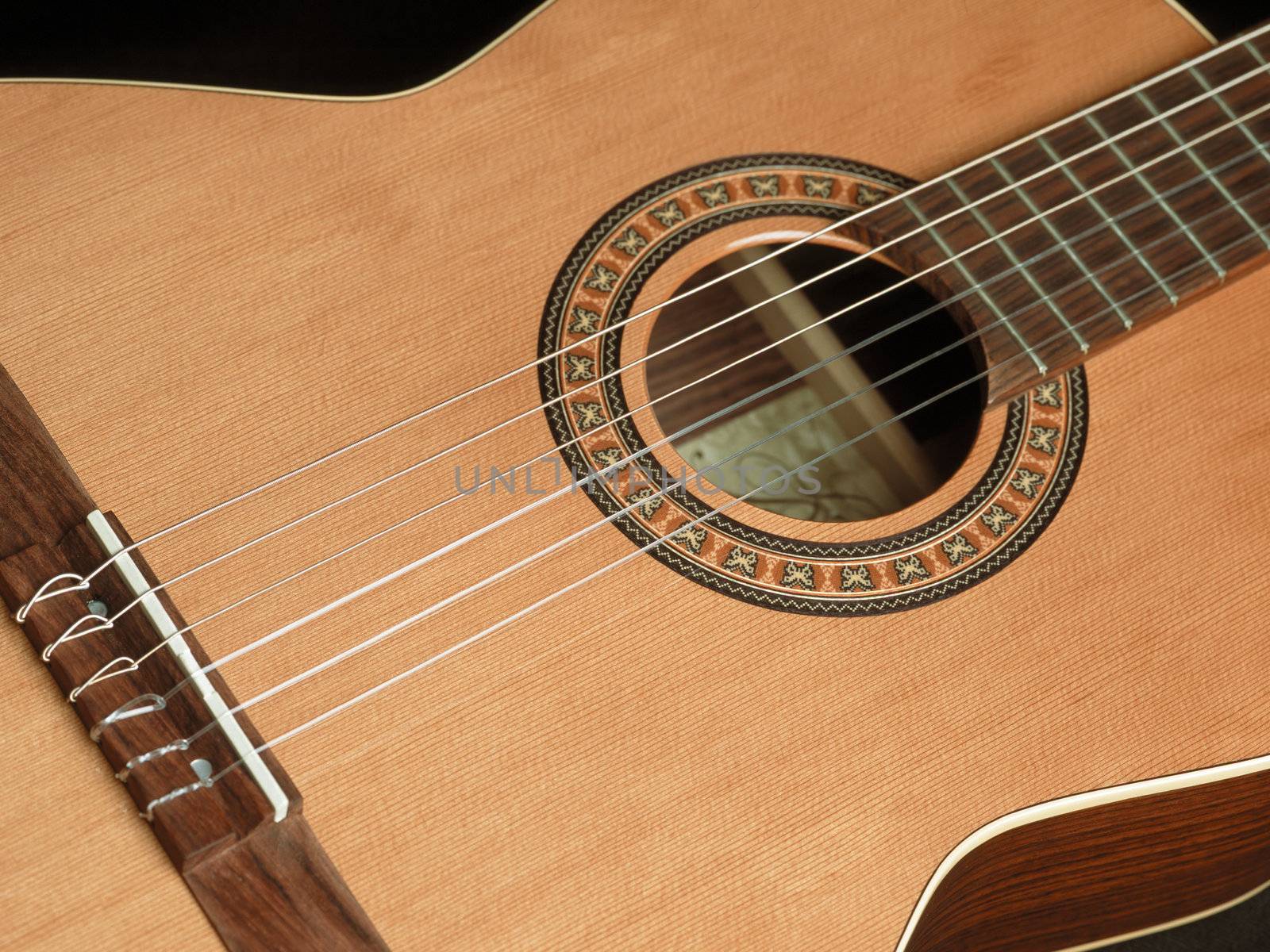 Closeup image of a classical guitar.
