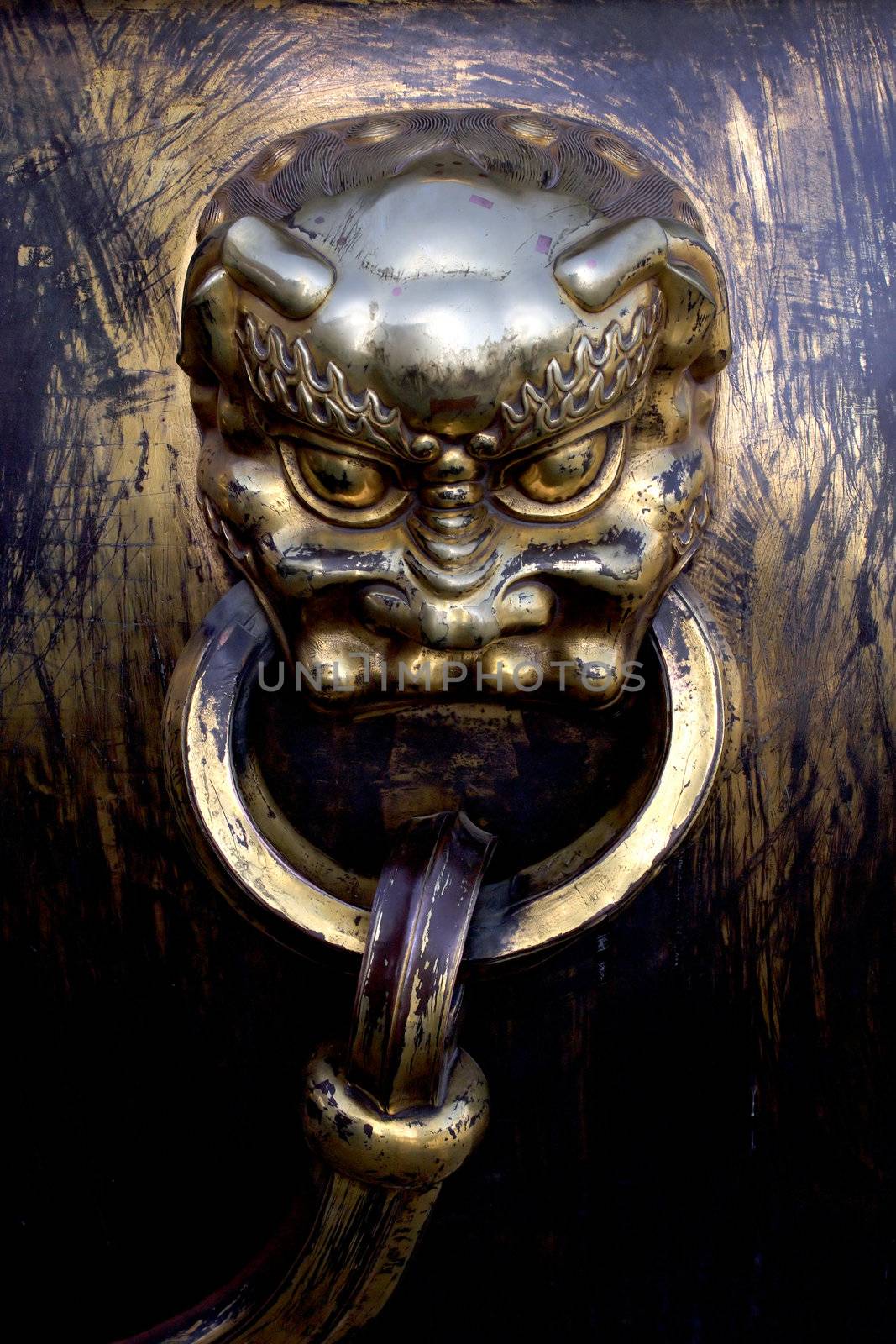 Closeup of a brass handle from a water vat in Beijing.
