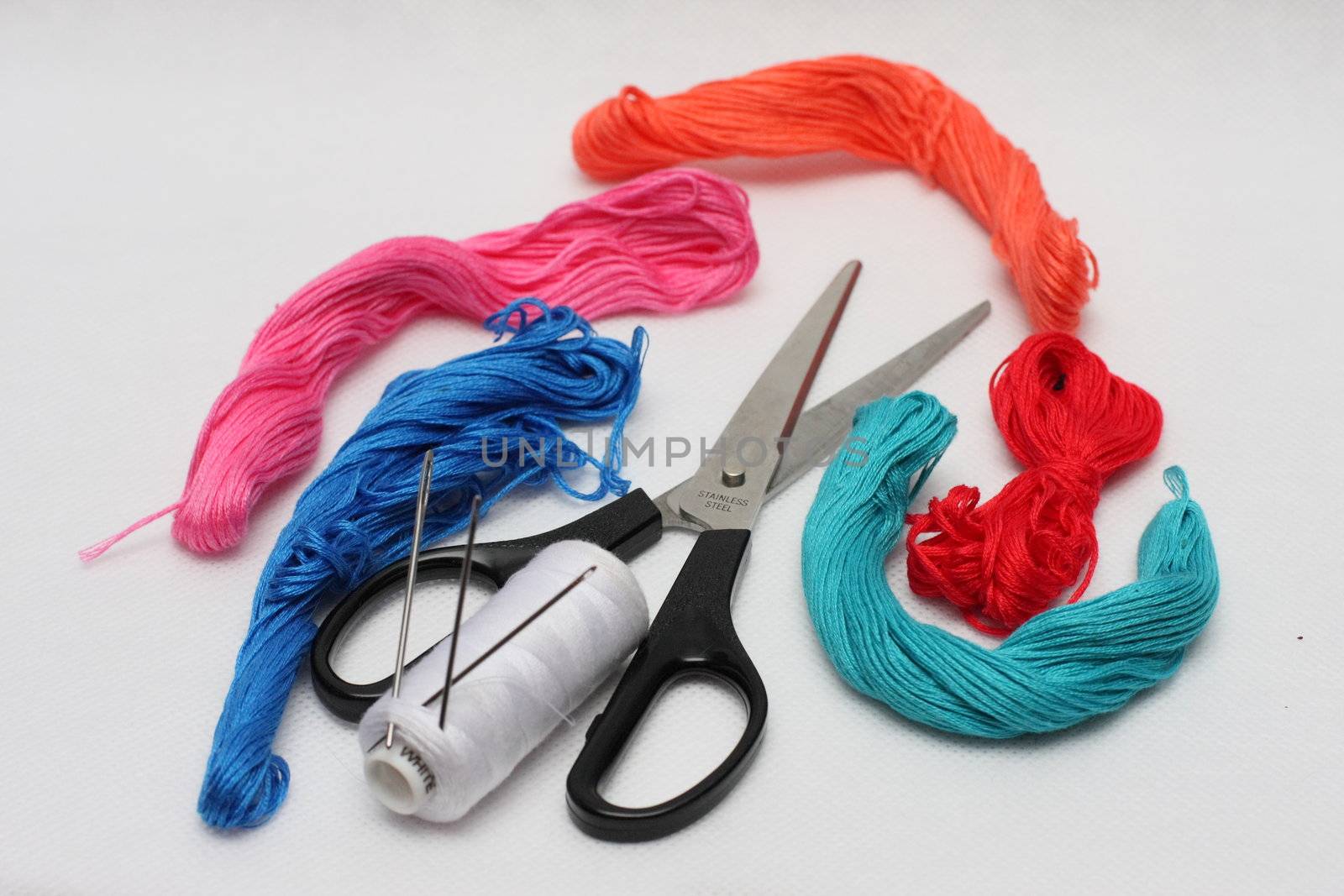embroidery, set, threads, scissors, a, needle, the, coil, red, dark, blue, pink, white, manufacture, art, Concept, Creativity.
