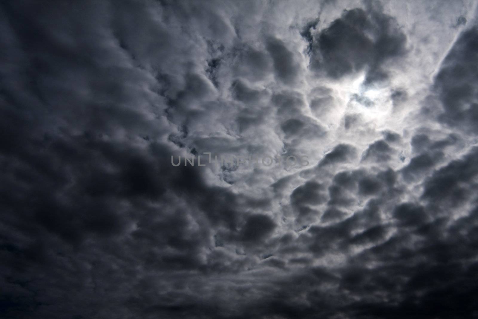 Sky filled with bad weather dark thunderstorm clouds filled with rain.