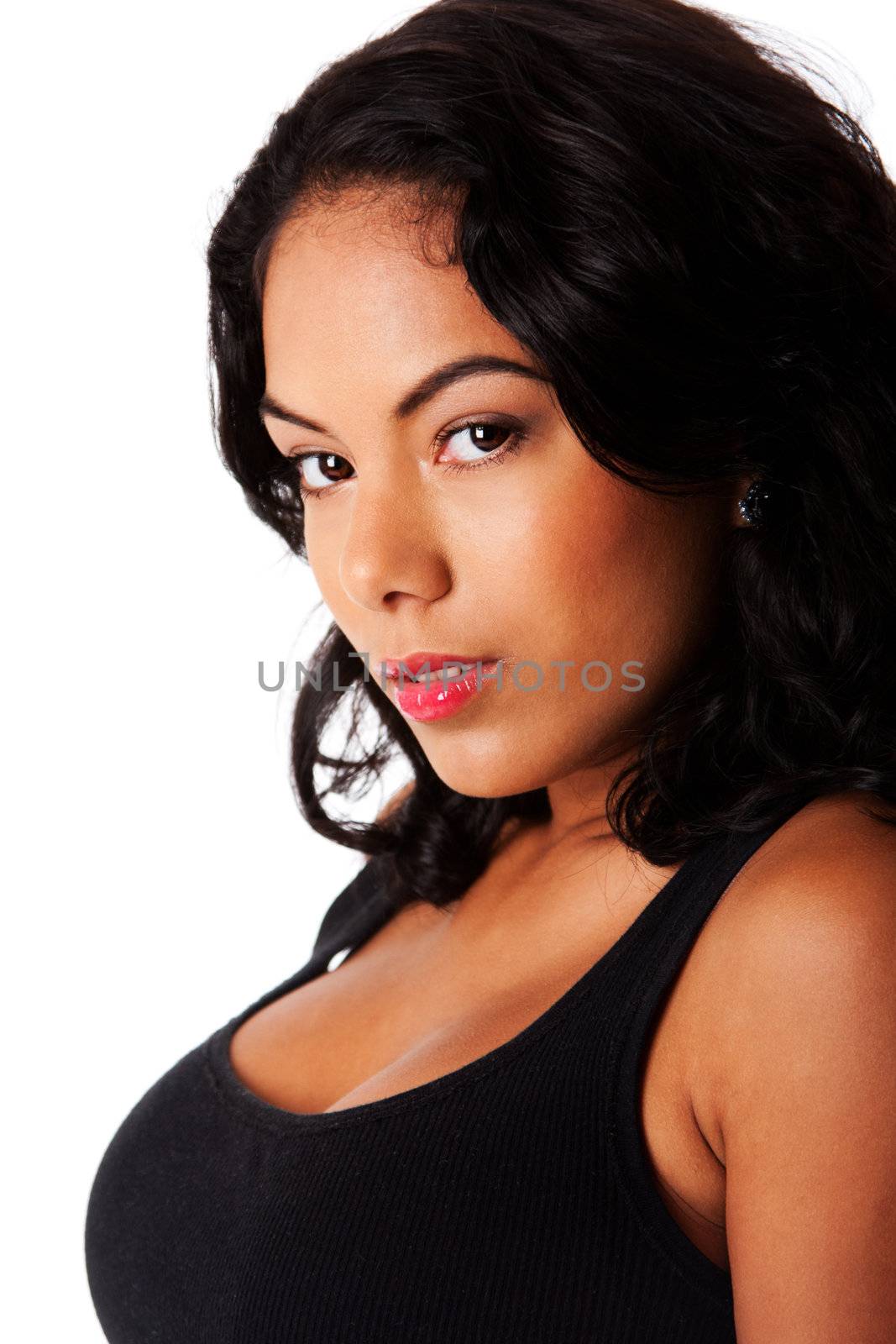 Beautiful face of a Caucasian Hispanic woman with clean skin, isolated.
