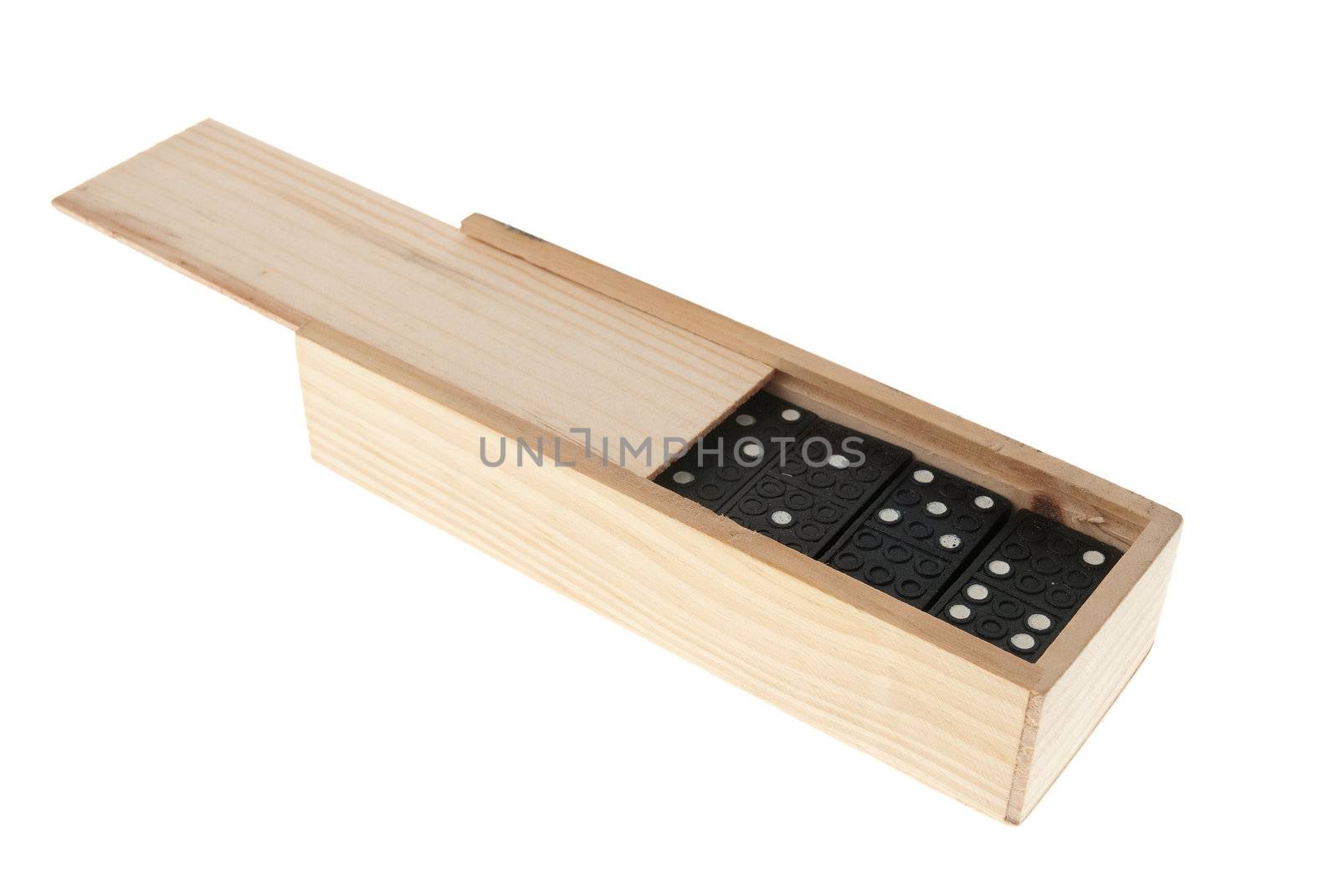Domino in wooden box isolated on white background.