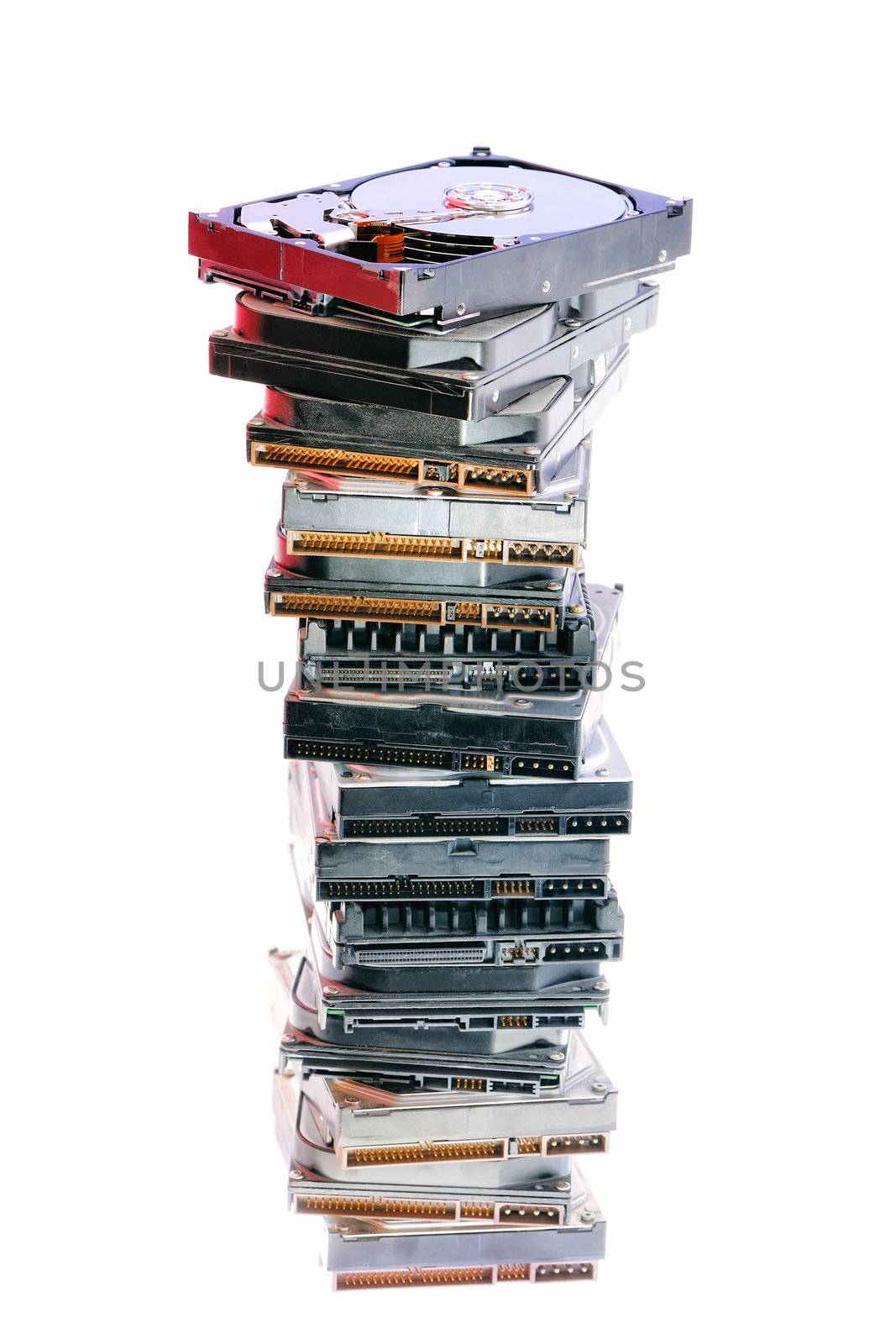 Stack of hard drives on the white background