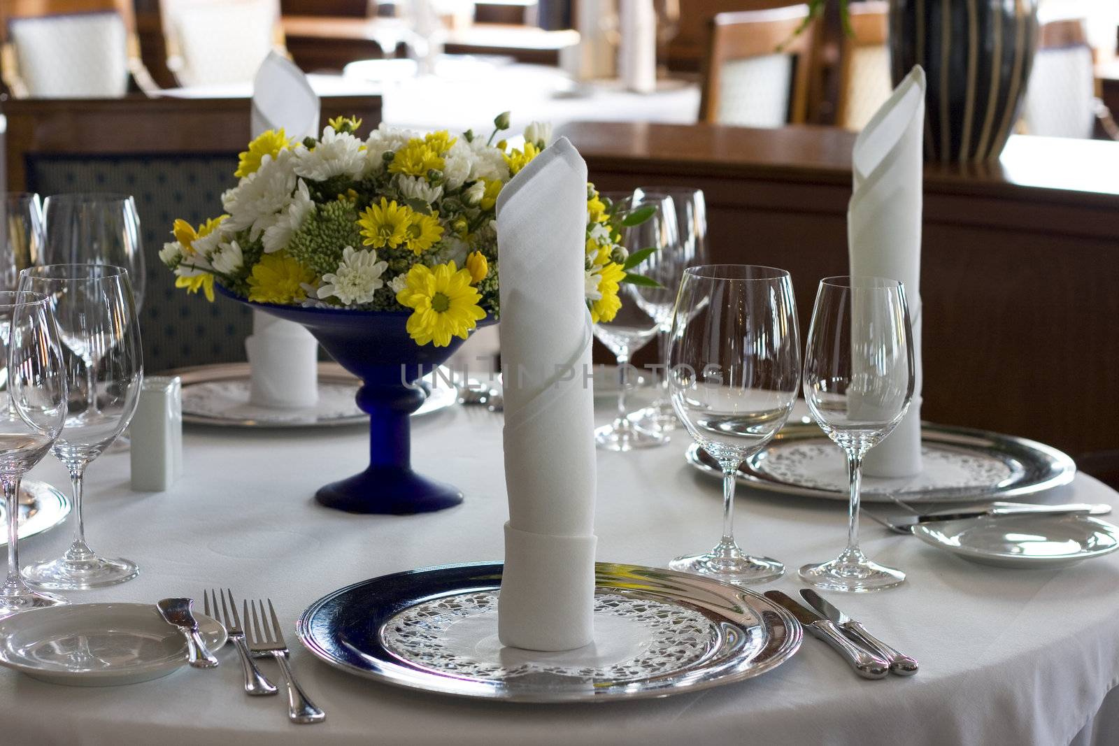 Banquet table setting in gourmet restaurant