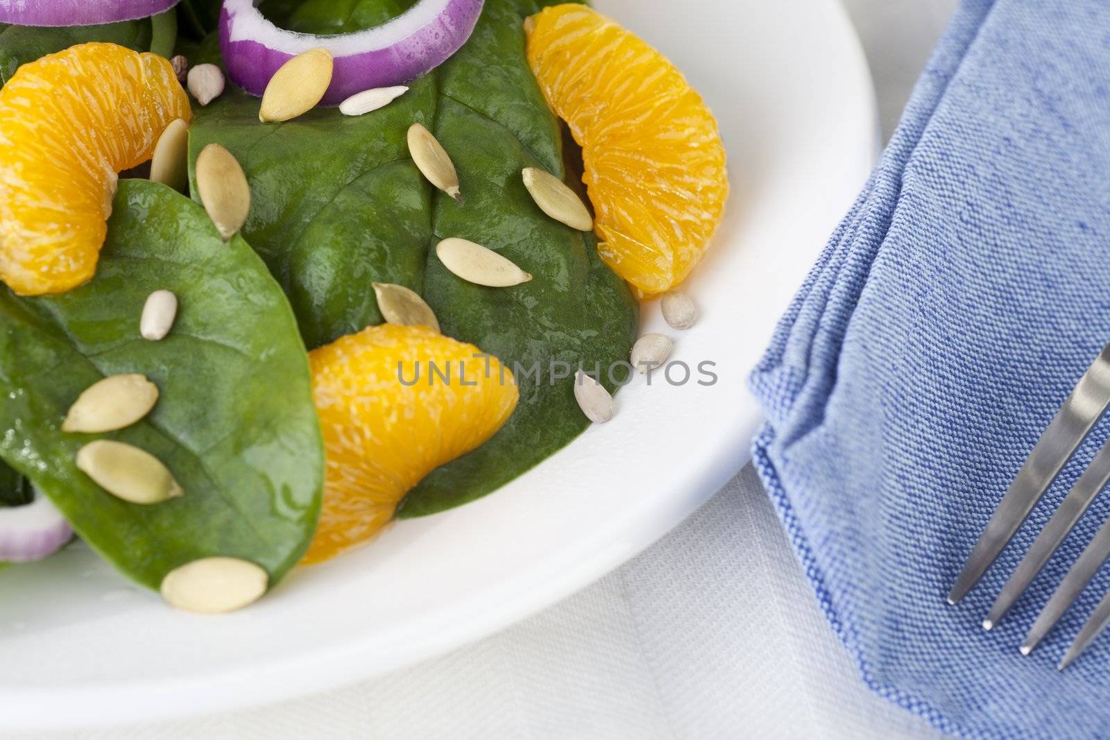 Fresh Spinach with mandarin oranges, red onions and a light orange honey dressing.